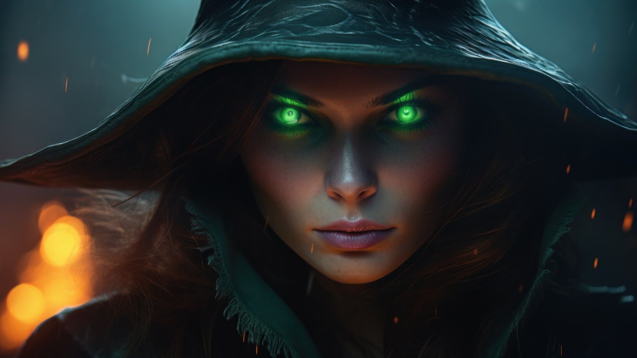 Halloween Close Up Green Eyed Witch 4K Wallpaper