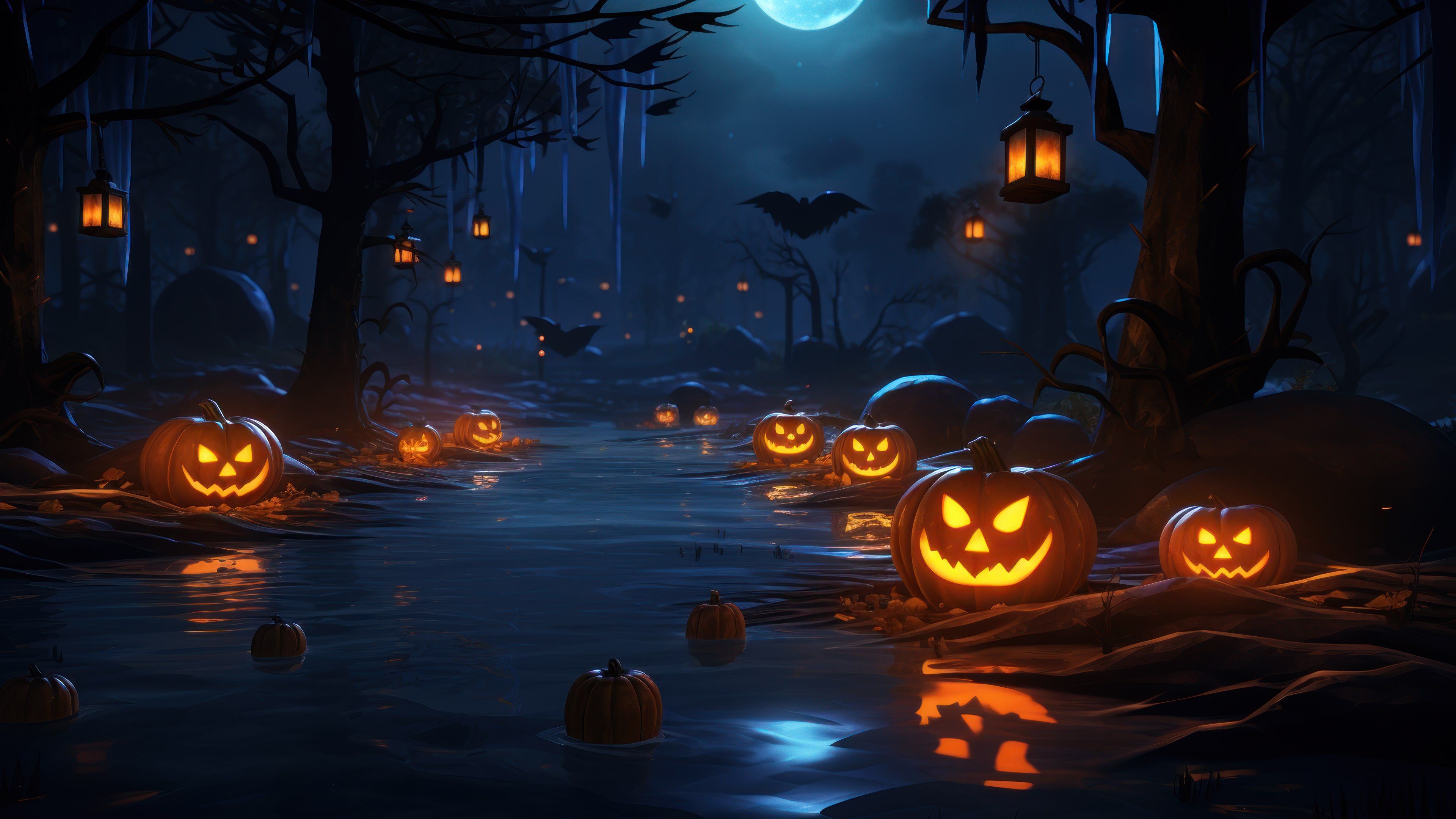 Halloween Spooky Pumpkin Forest 4K Wallpaper
