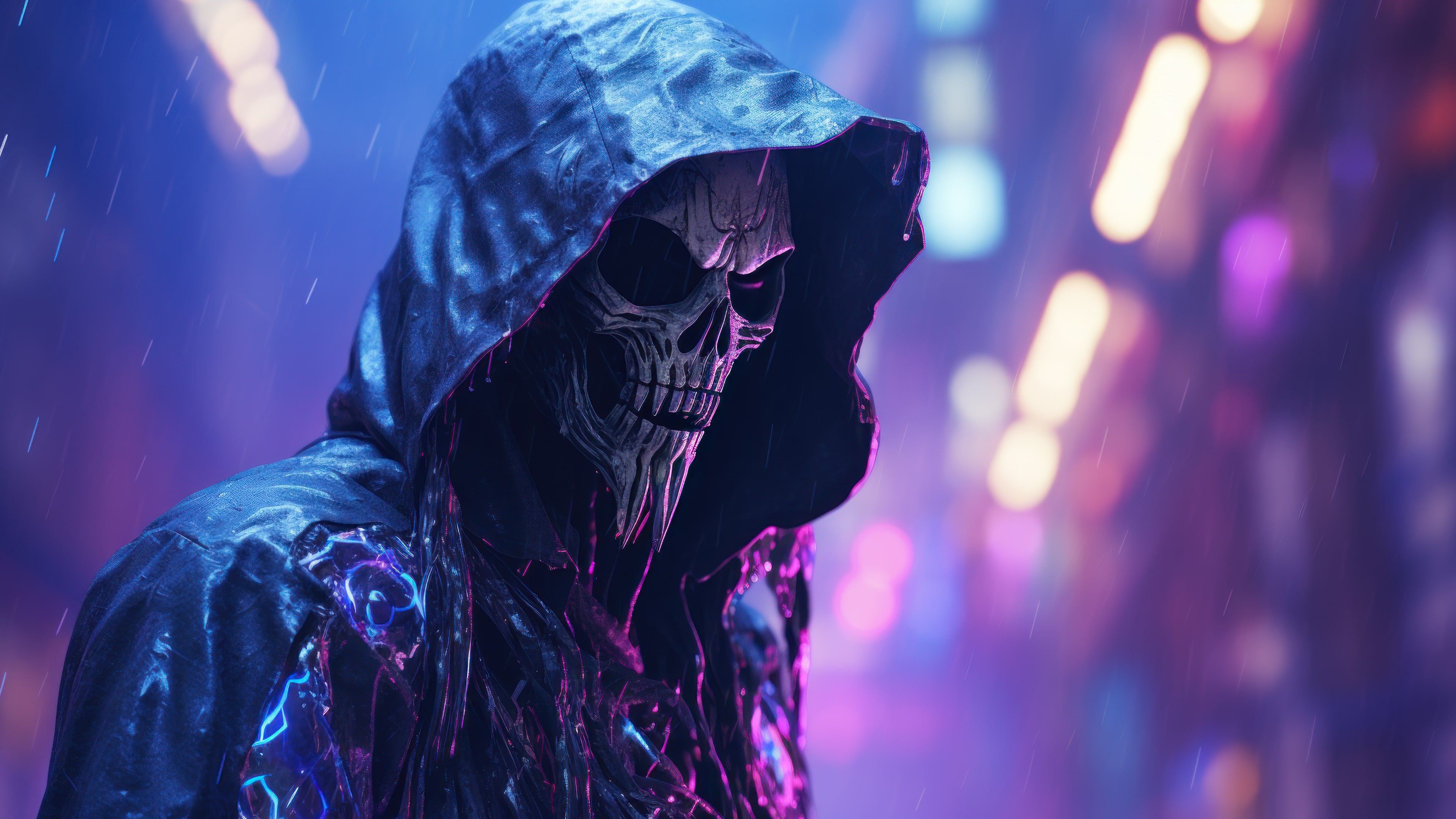 Halloween Grim Reaper Neon Lights 4K Wallpaper