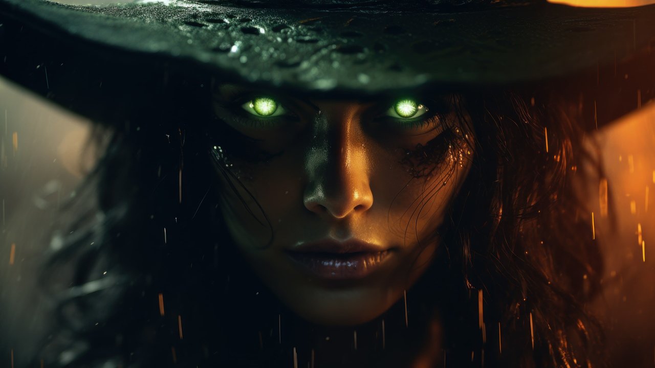 Halloween Rainy Close Up Green Eyed Witch 4K Wallpaper