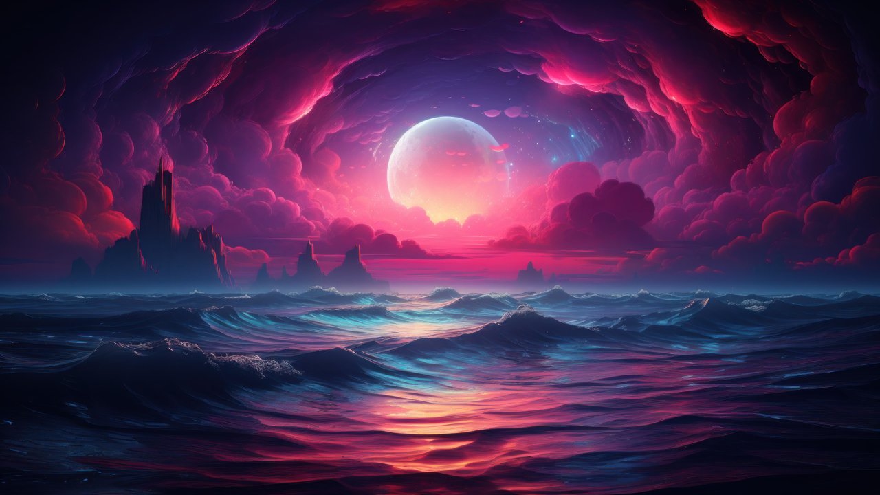Colorful Moonlit Sea Waves 4K Wallpaper