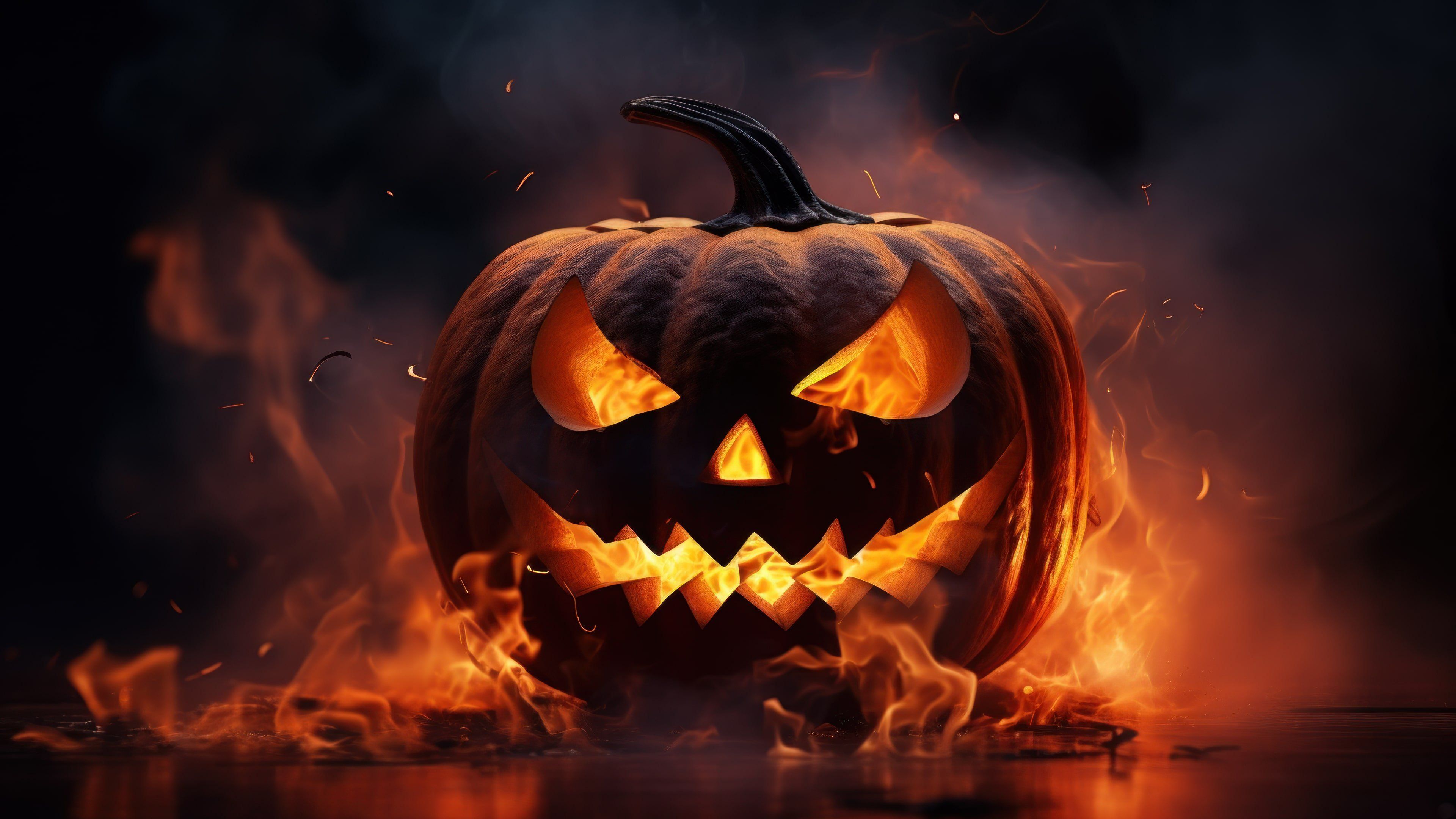 Halloween Spooky Pumpkin On Fire 4K Wallpaper