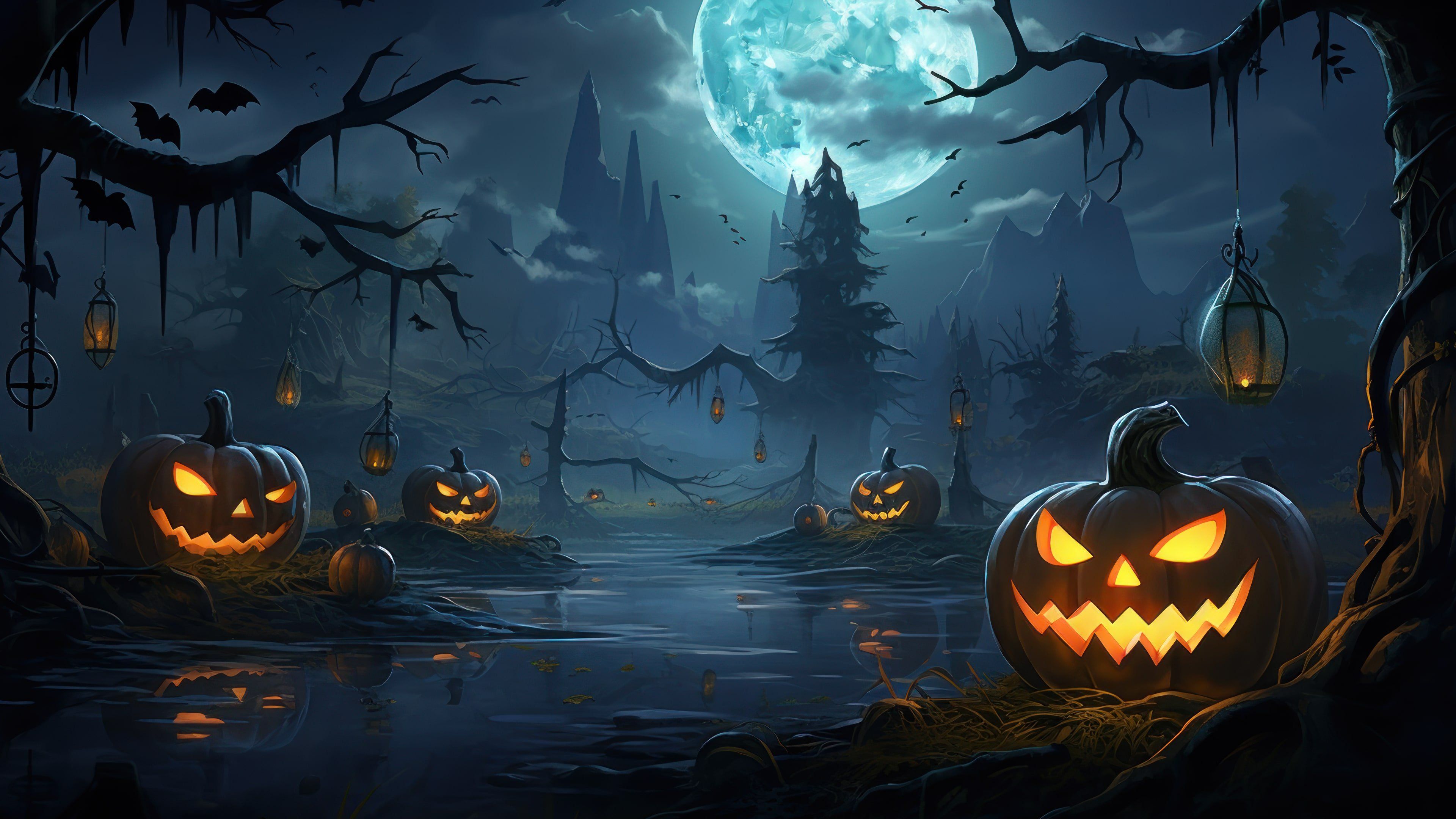 Night Halloween Scenery 4K Wallpaper