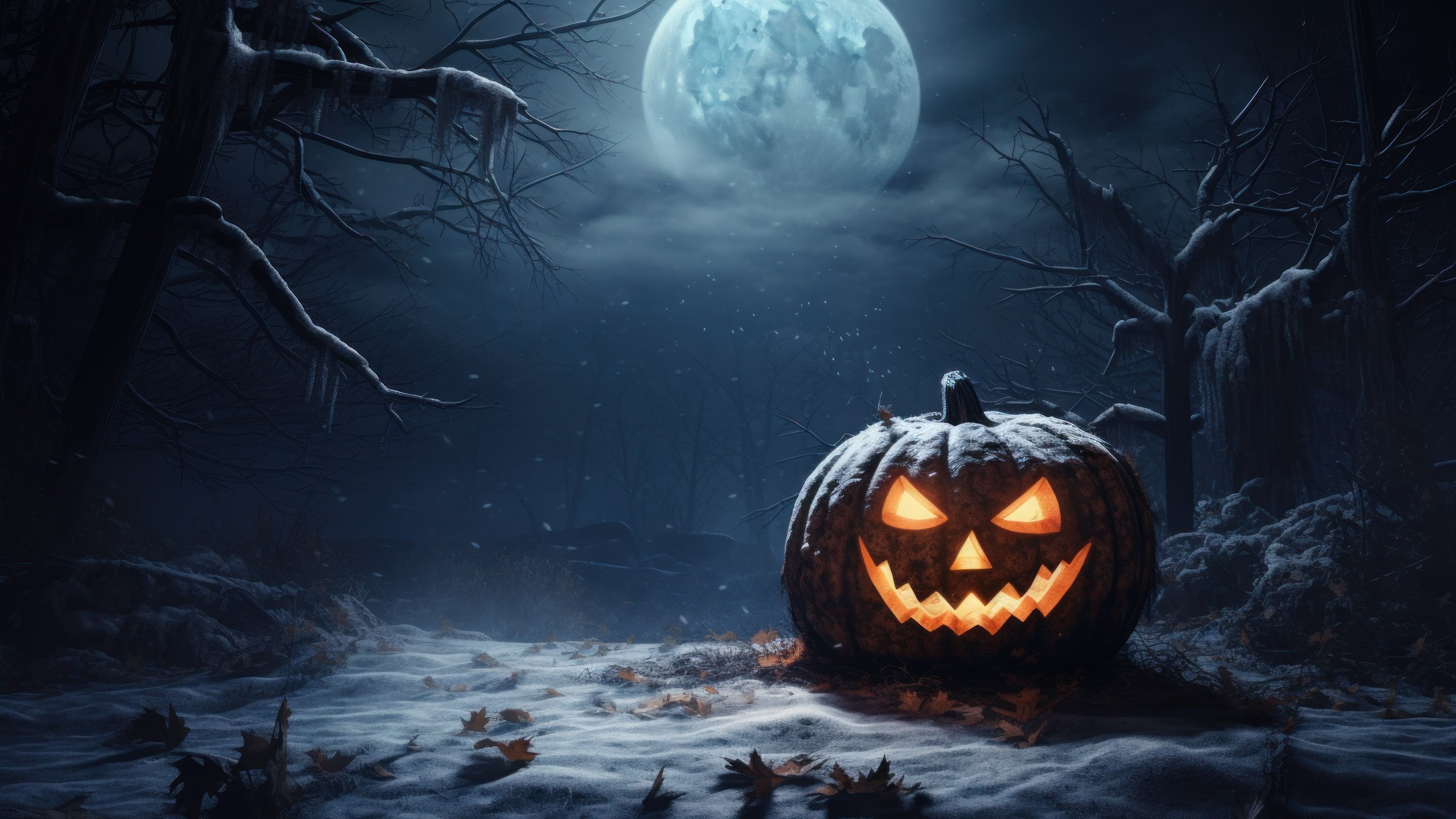 Halloween Snowy Night 4K Wallpaper