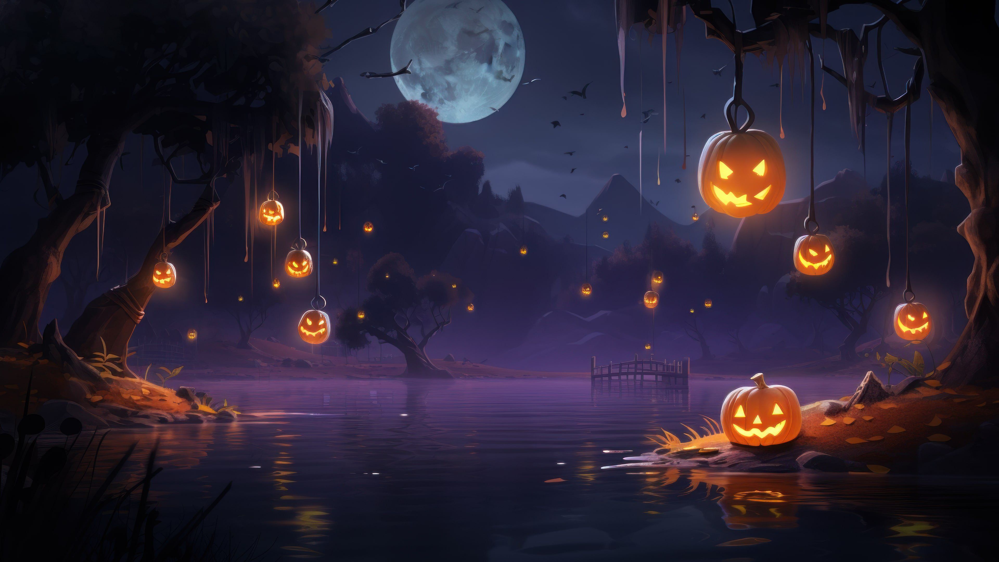 Halloween Pumpkin Lake 4K Wallpaper