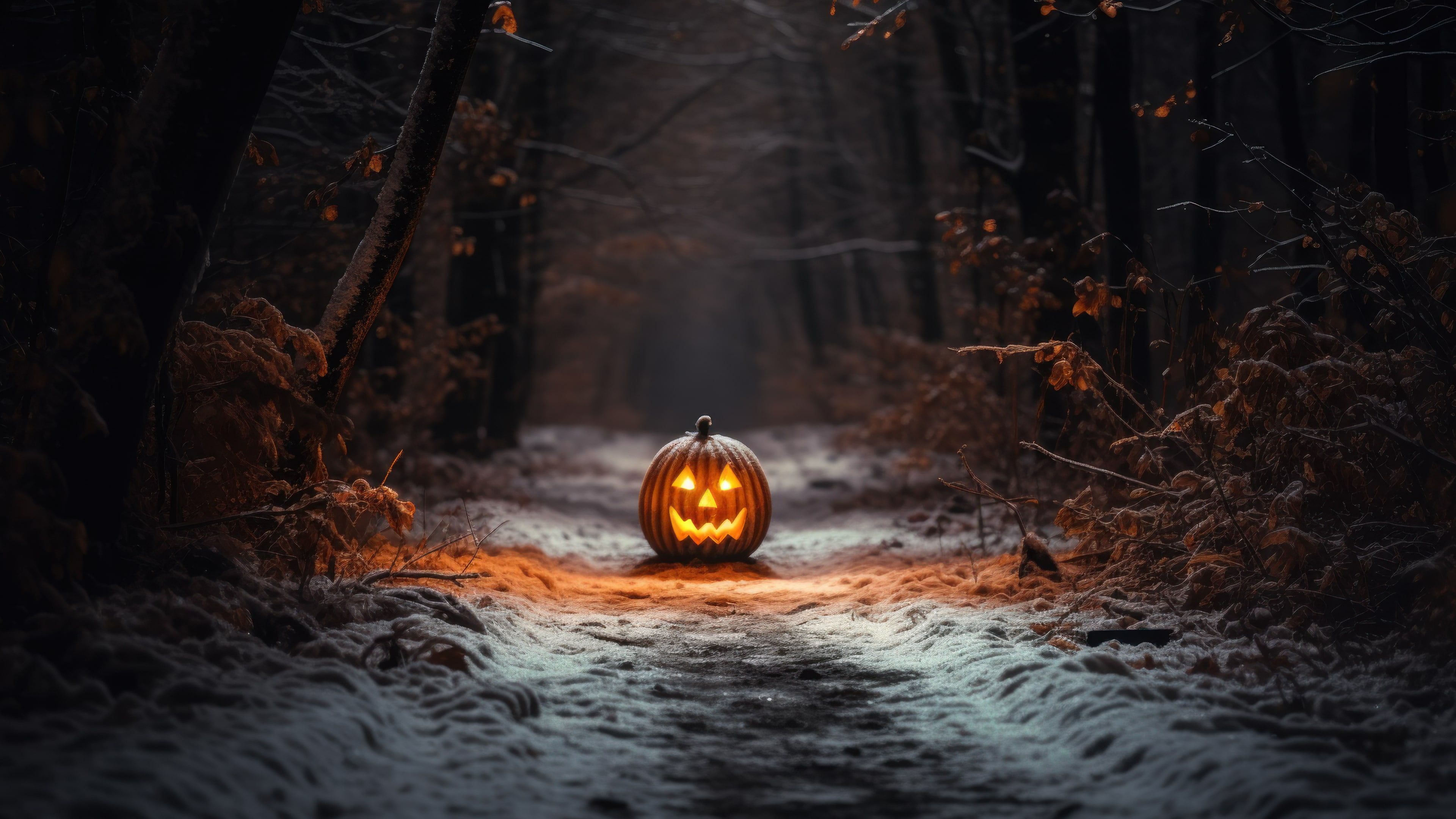 Halloween Pumpkin In The Woods 4K Wallpaper
