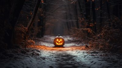 Halloween Pumpkin In The Woods 4K Wallpaper