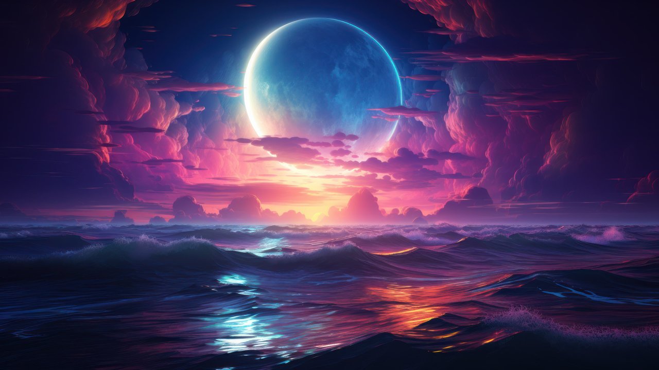 Moonlit Neon Sea Waves 4K Wallpaper