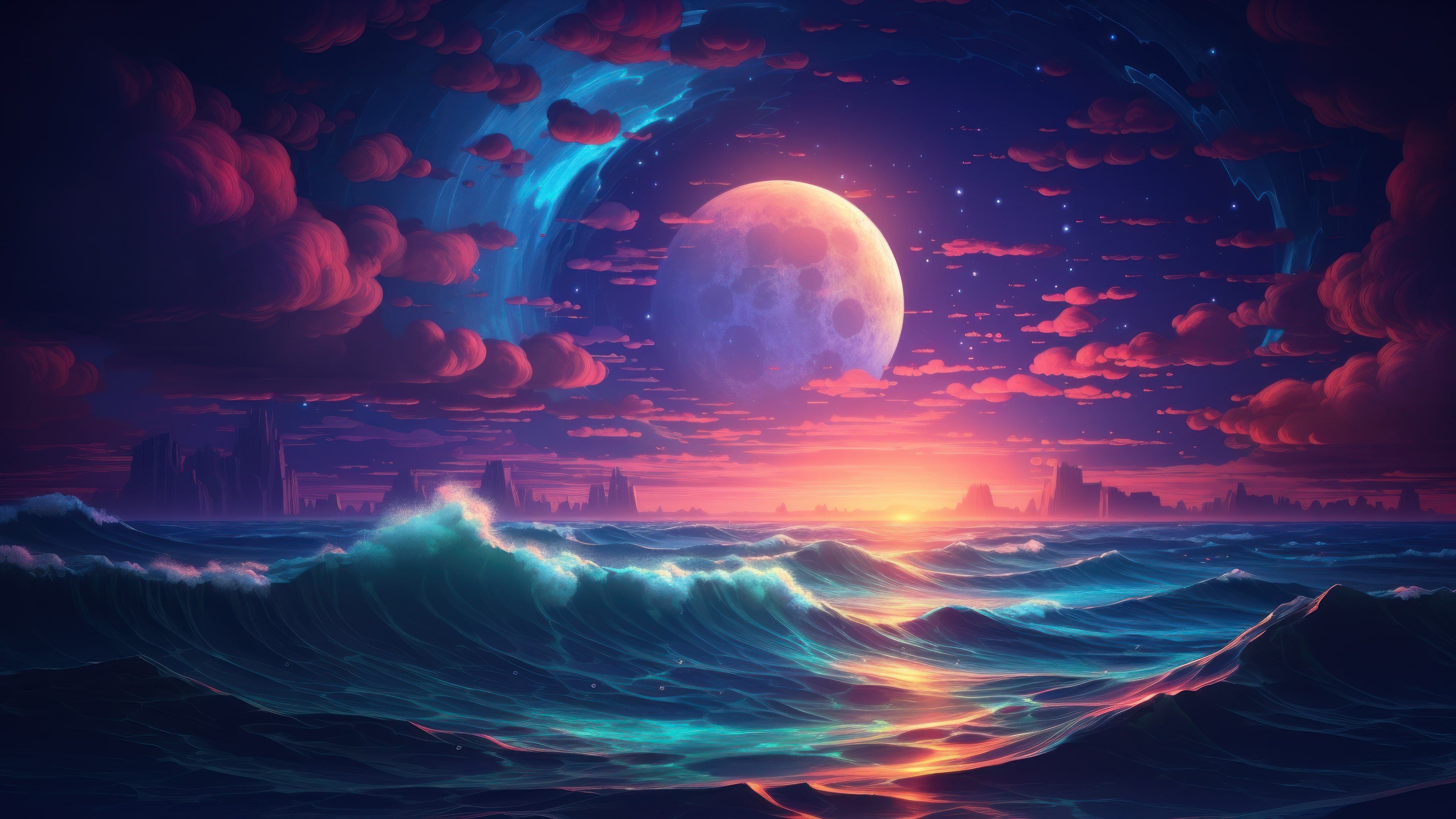 Dreamy Colorful Ocean By The Moonlight 4K Wallpaper