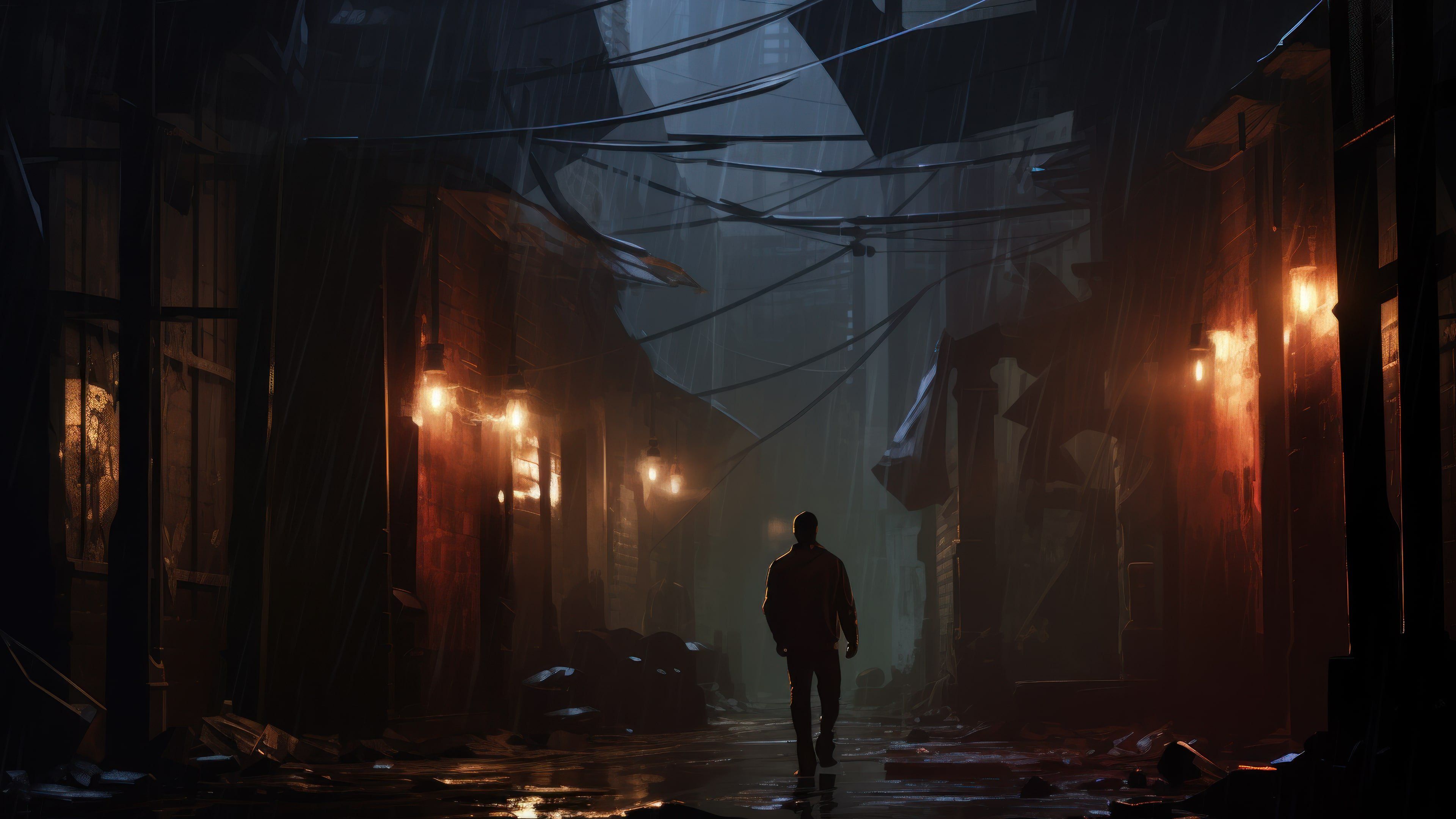 Man Walking Through Rainy Abandoned Street 4K Wallpaper