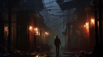 Man Walking Through Rainy Abandoned Street 4K Wallpaper