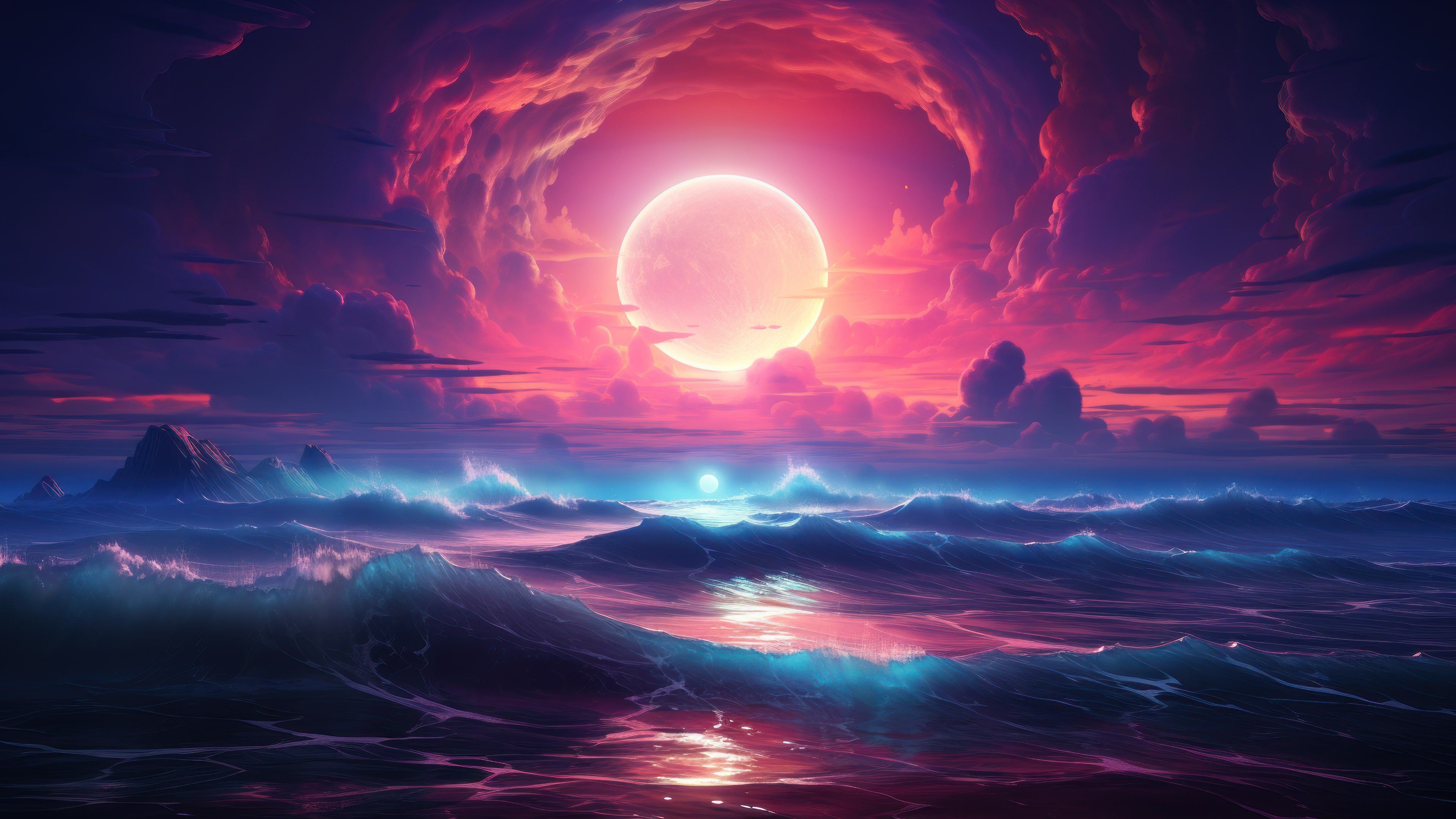 Surreal Pink Moonlight Horizon 4K Wallpaper
