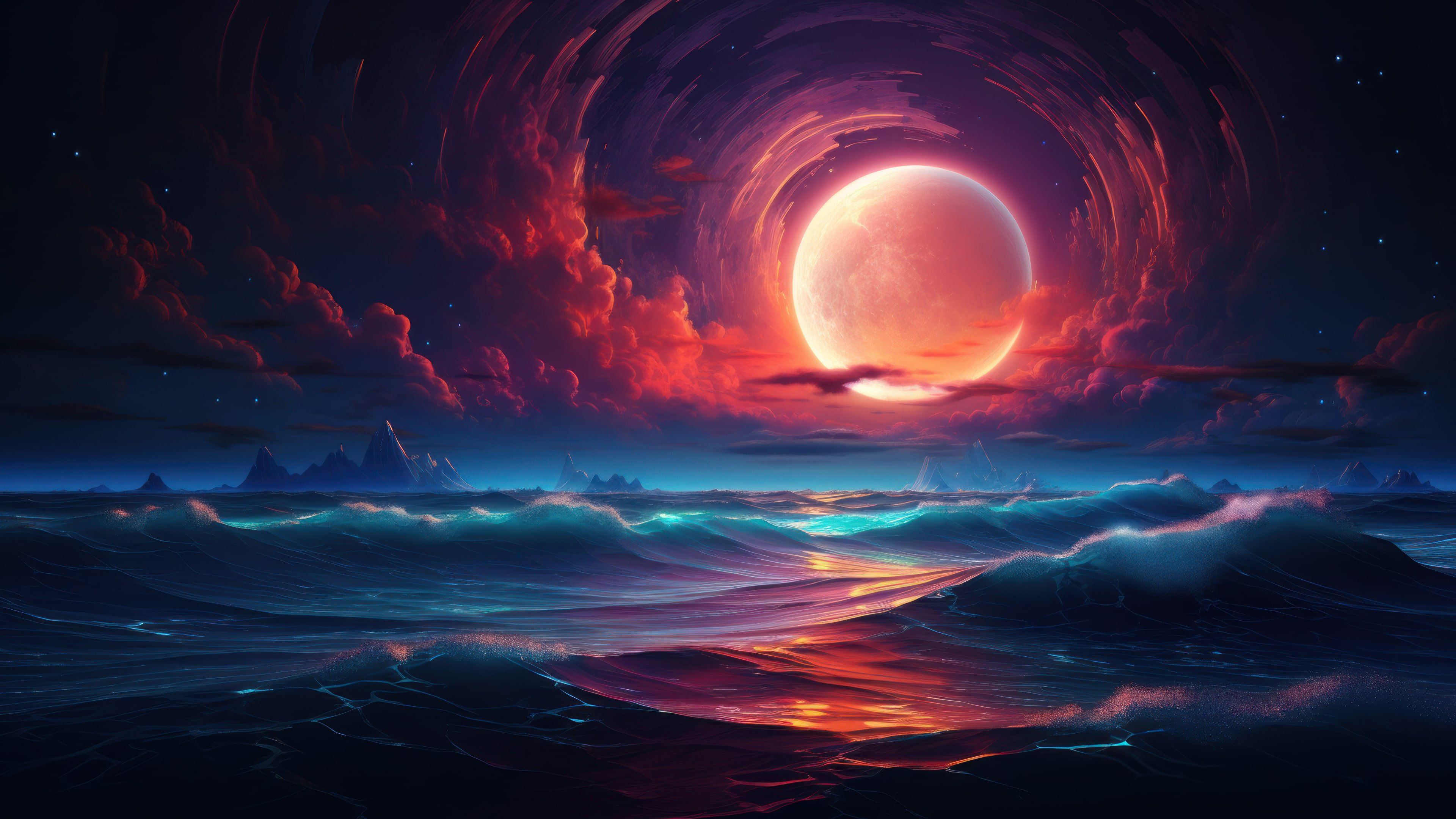 Moonlit Vibrant Ocean 4K Wallpaper