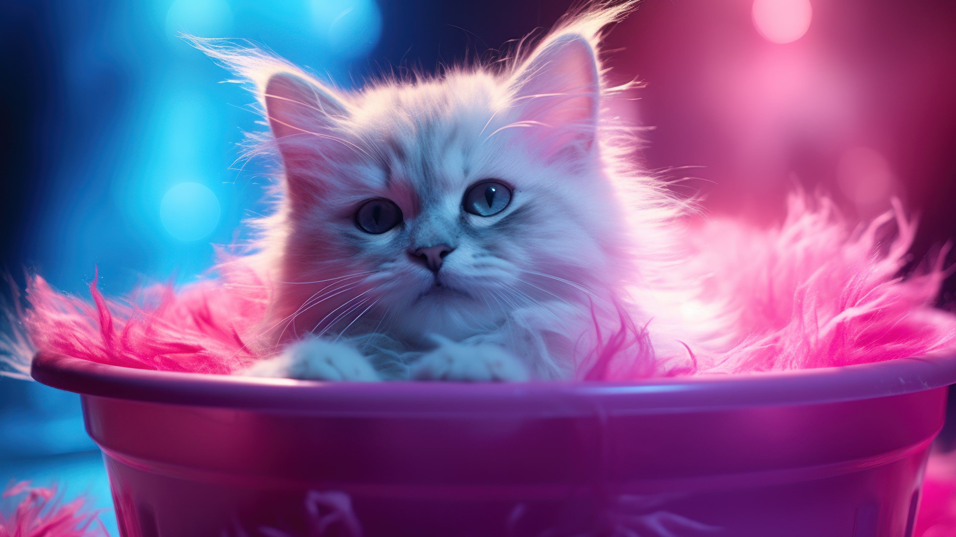 White Kitty In Bucket 4K Wallpaper