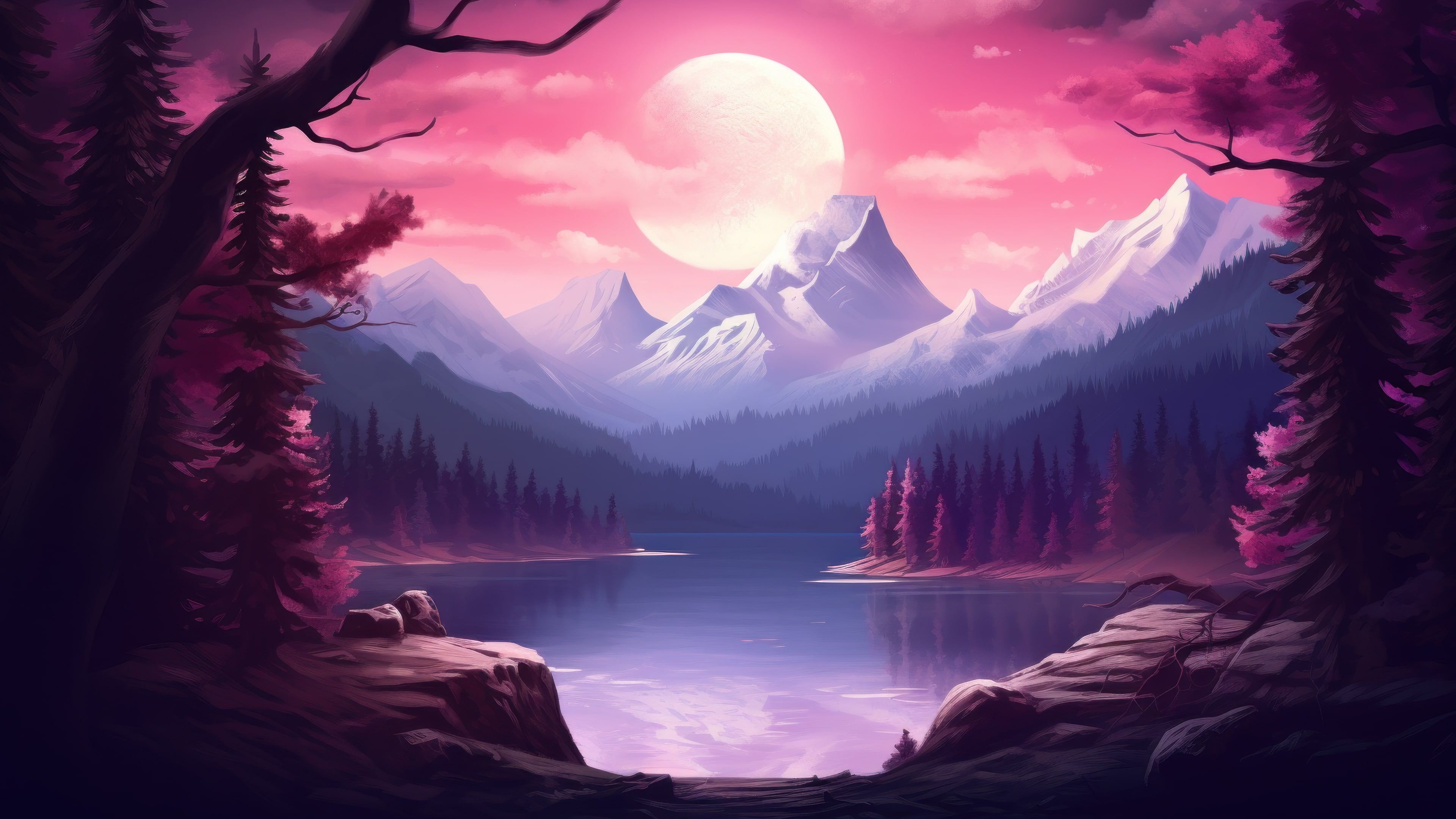 Moonlit Purple Mountain Trees 4K Wallpaper