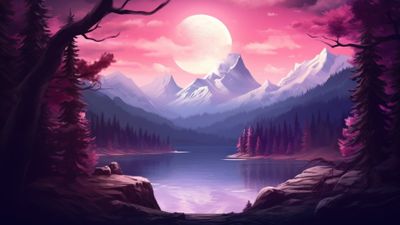 Moonlit Purple Mountain Trees 4K Wallpaper