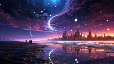 Cyber Punk Futuristic Moonlit Sea 4K Wallpaper