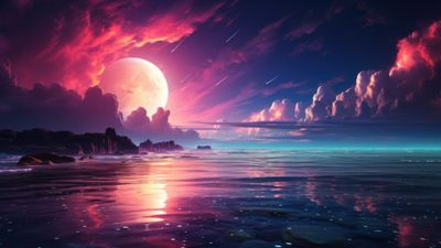 Cyber Punk Neon Moonlit Sea 4K Wallpaper