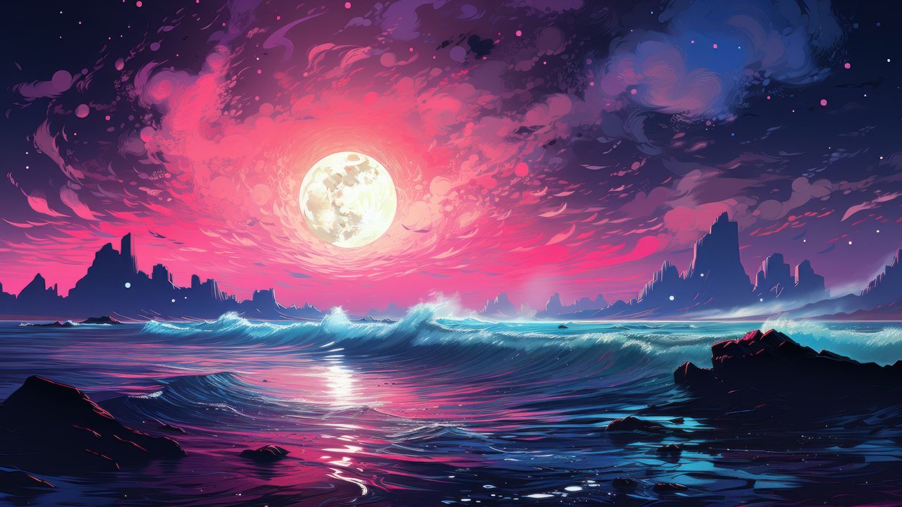 Moonlit Neon Ocean Waves 4K Wallpaper