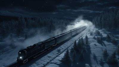 Train Riding Through Dark Snow Forest 4K Wallpaper