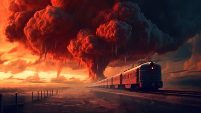 Red Train Passing By Nuclear Explosion 4K Wallpaper
