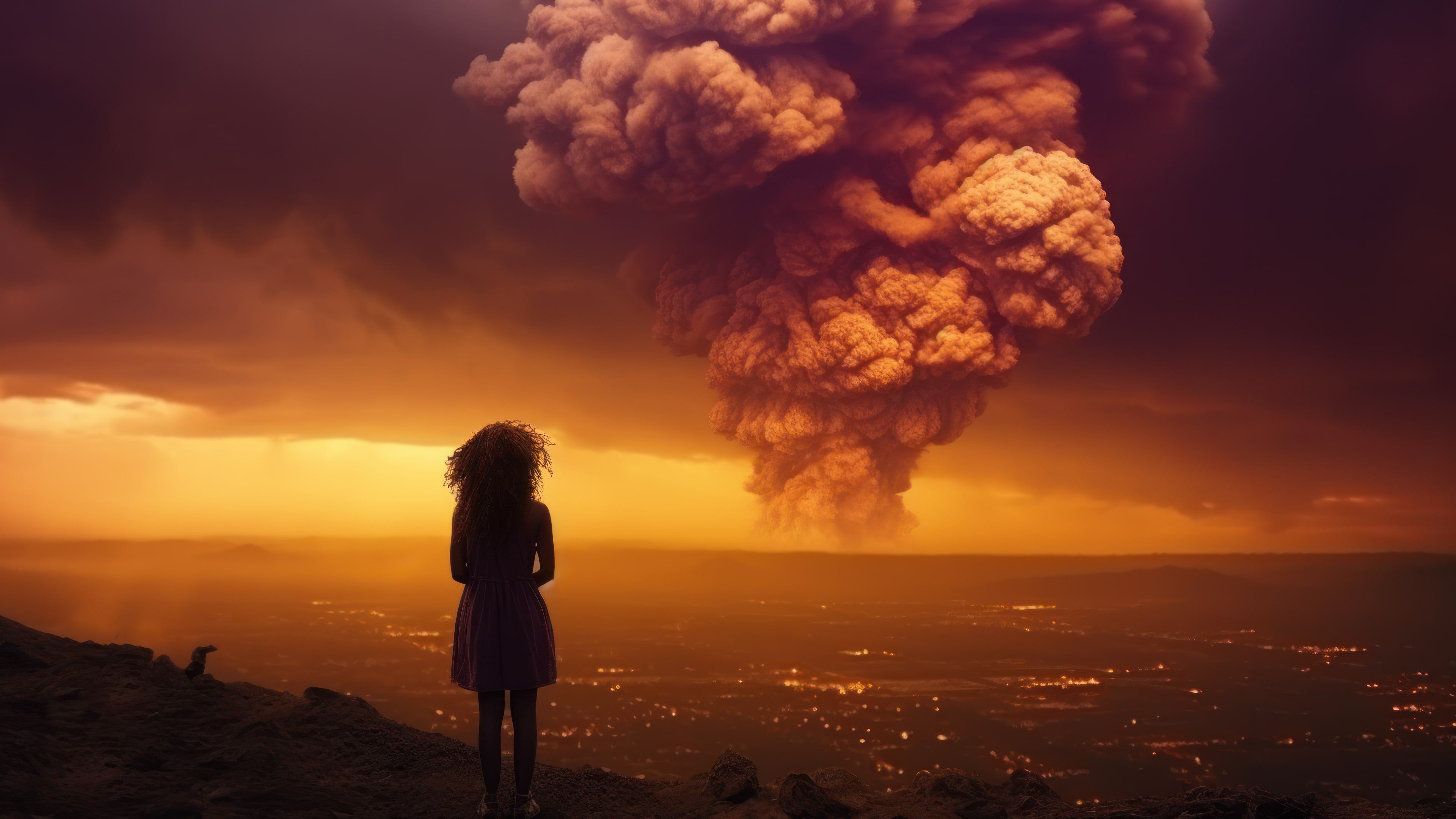 Lonely Woman Facing Explosion 4K Wallpaper