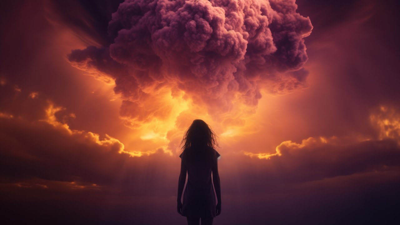 Woman Facing Nuclear Explosion 4K Wallpaper