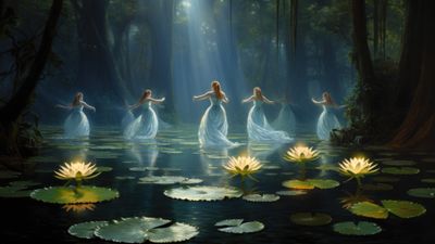 Ethereal Women Dancing On Water Lilies 4K Wallpaper