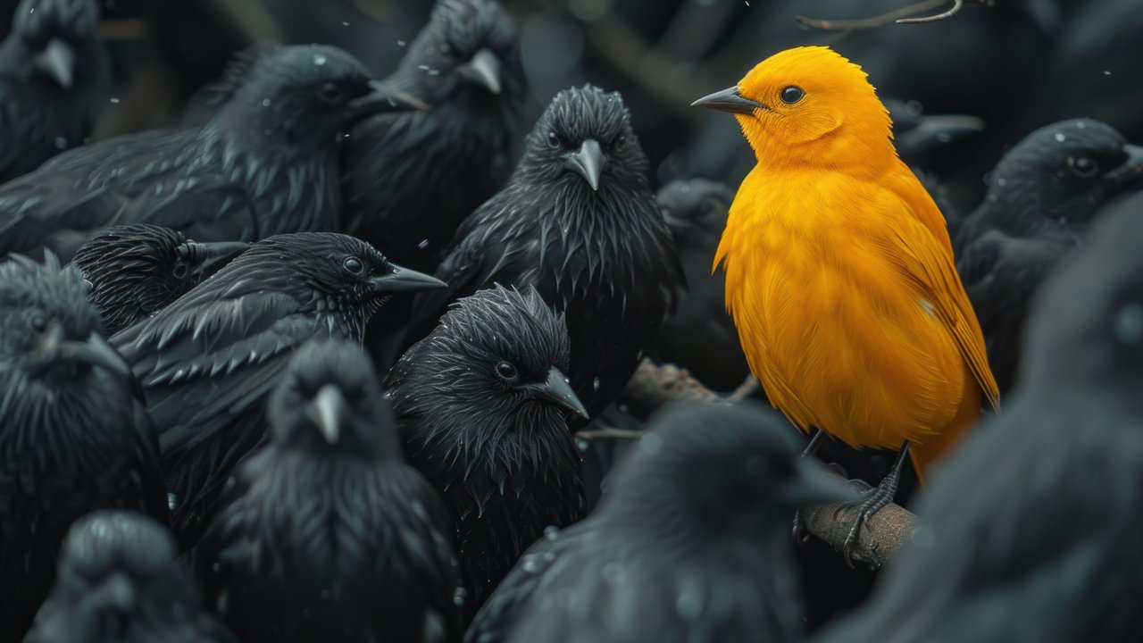 Yellow Bird Among Crows 4K Wallpaper
