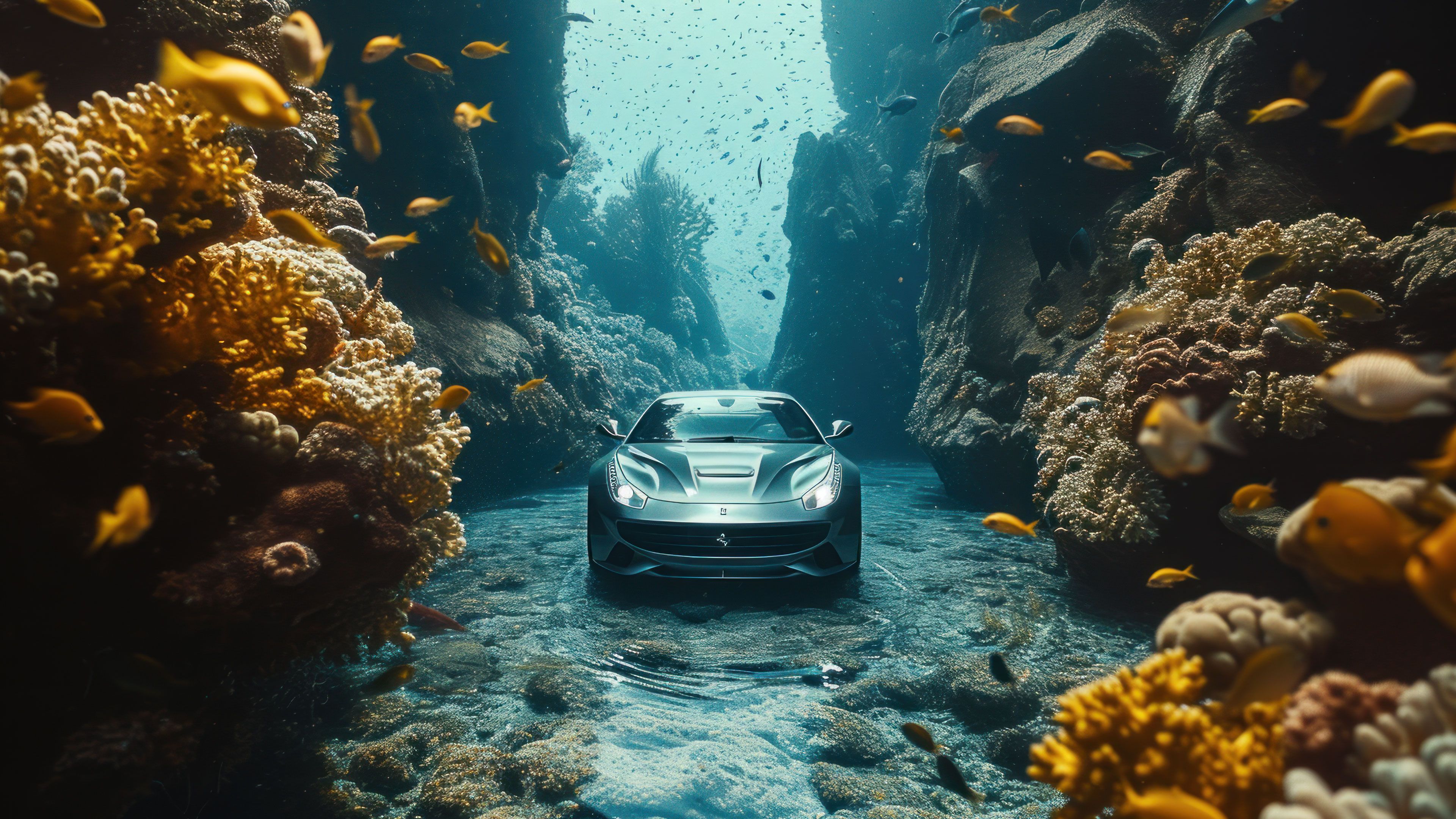 Underwater Silver Ferrari 4K Wallpaper