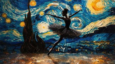 Ballerina Starry Night Painting 4K Wallpaper