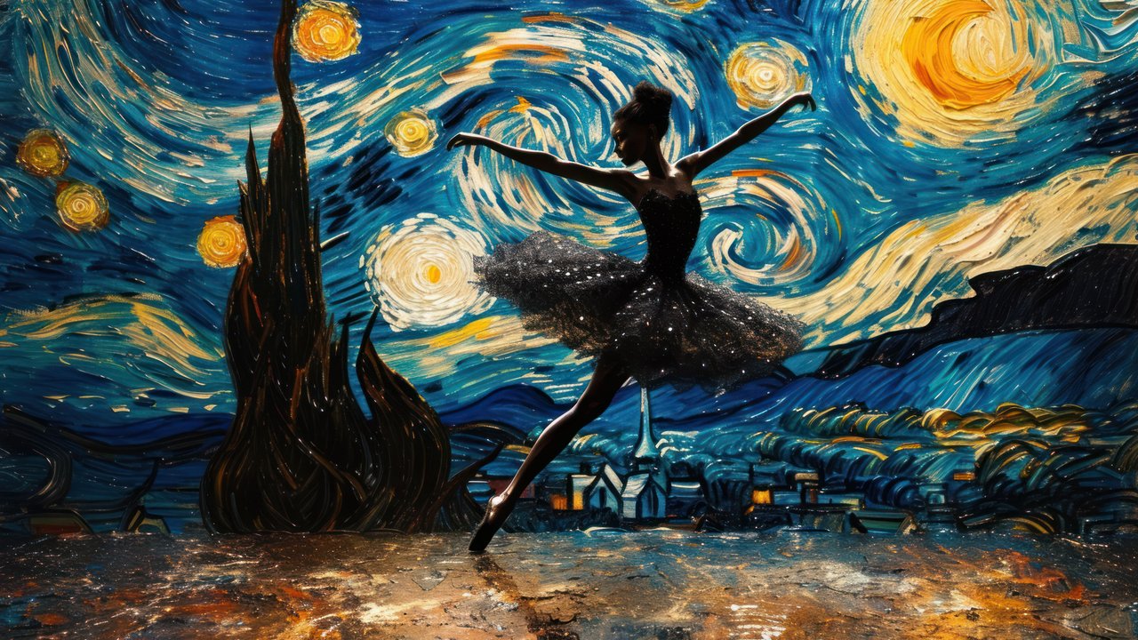 Ballerina Starry Night Painting 4K Wallpaper