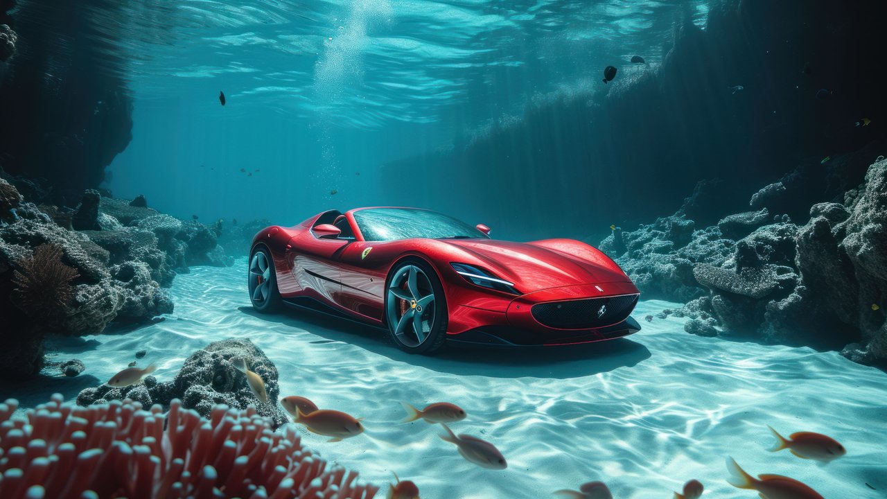 Underwater Red Ferrari 4K Wallpaper