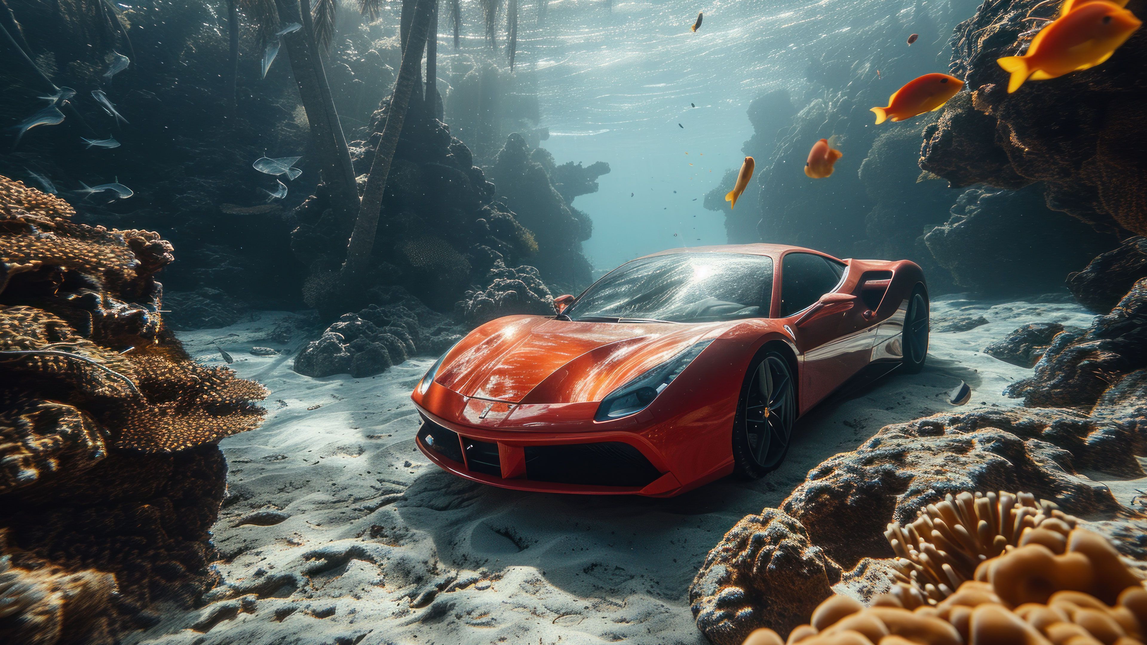 Underwater Orange Ferrari 4K Wallpaper