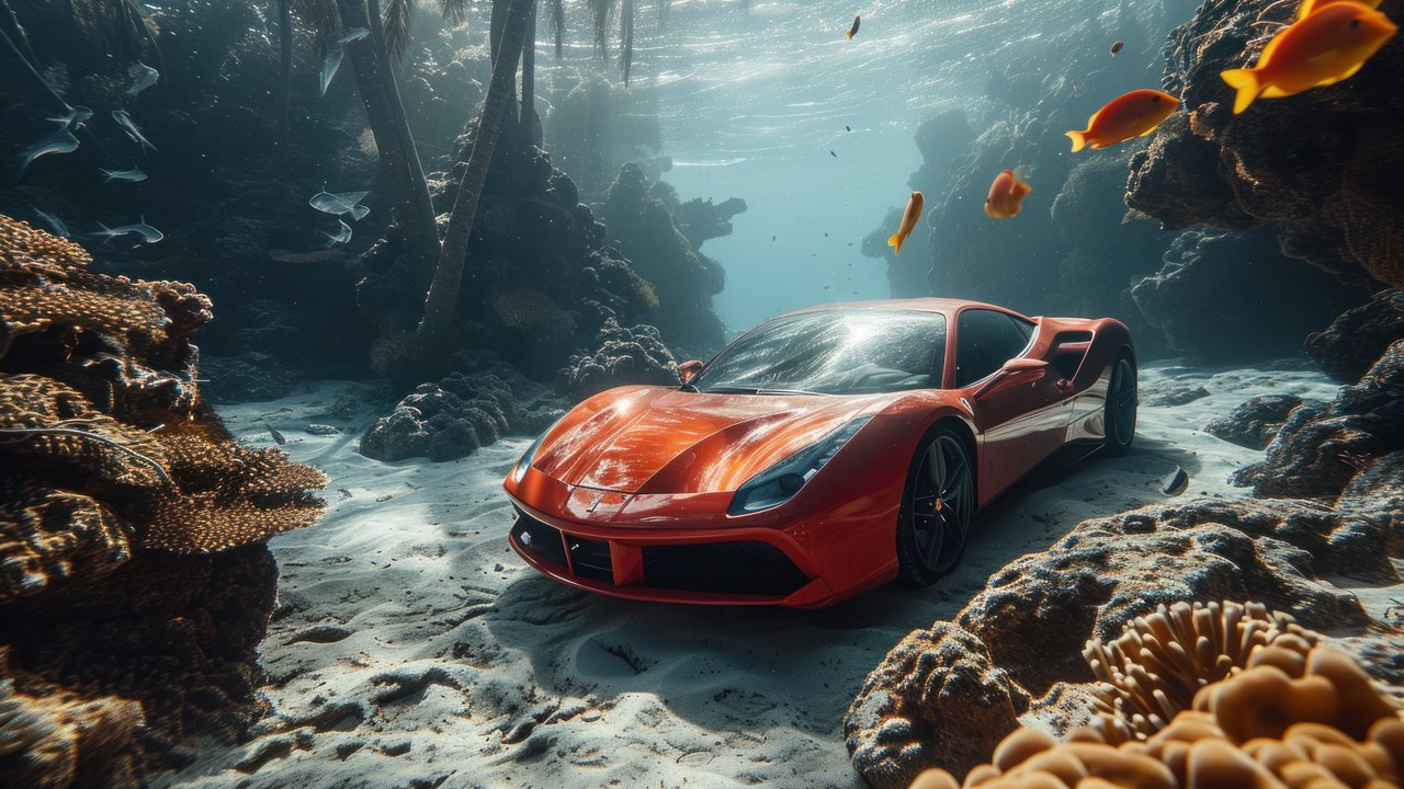 Underwater Orange Ferrari 4K Wallpaper