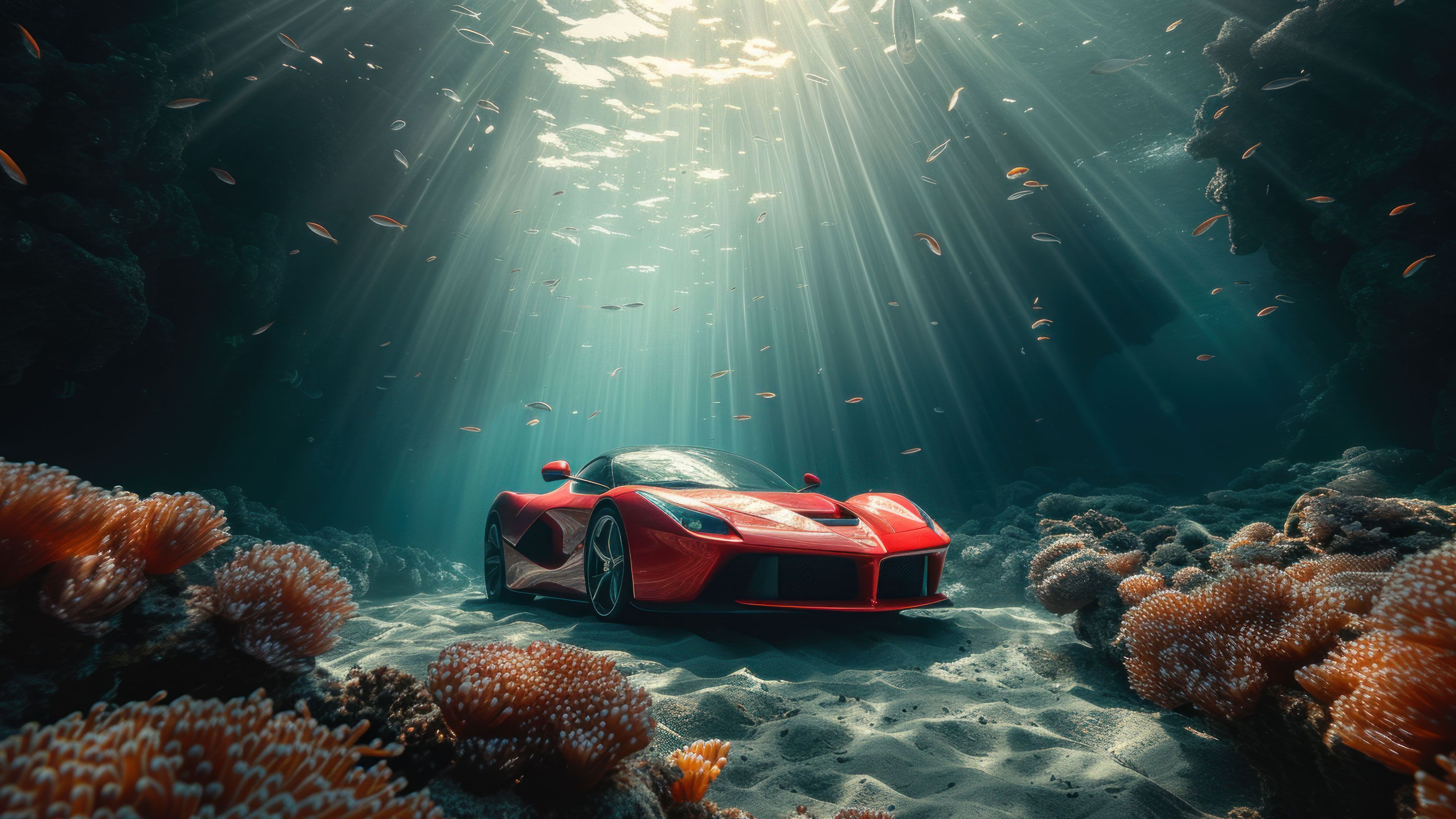 Underwater Ferrari 4K Wallpaper
