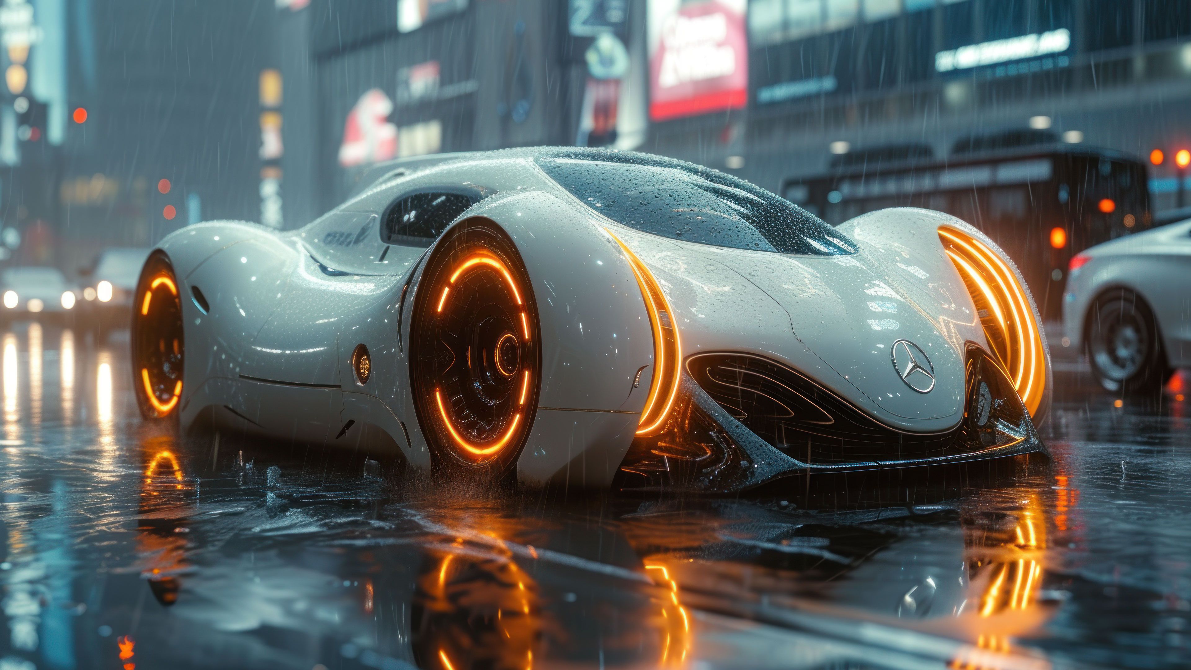 Sci-Fi Futuristic Mercedes Car In Rain 4K Wallpaper