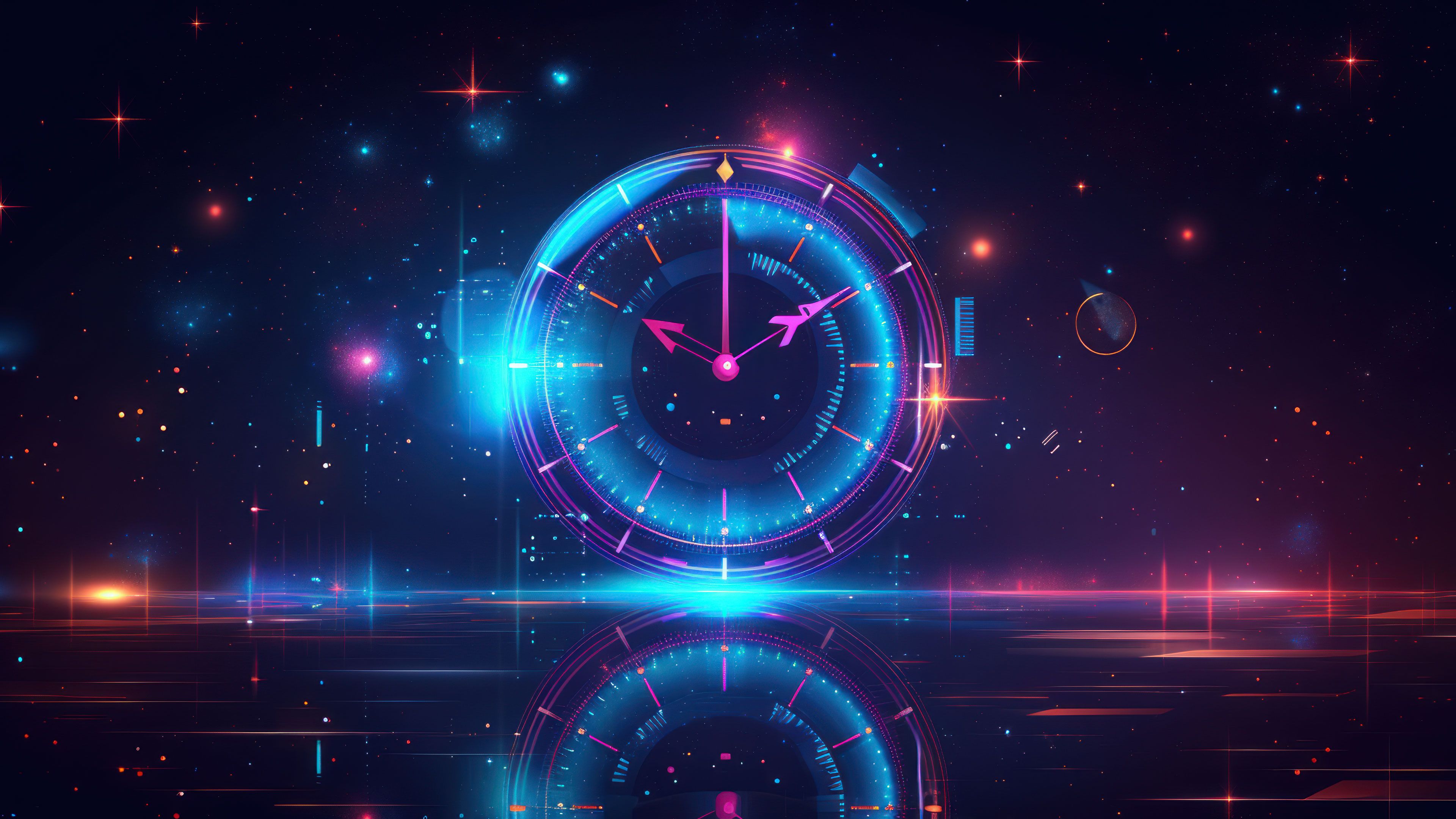 Neon Gradient Blue Clock 4K Wallpaper