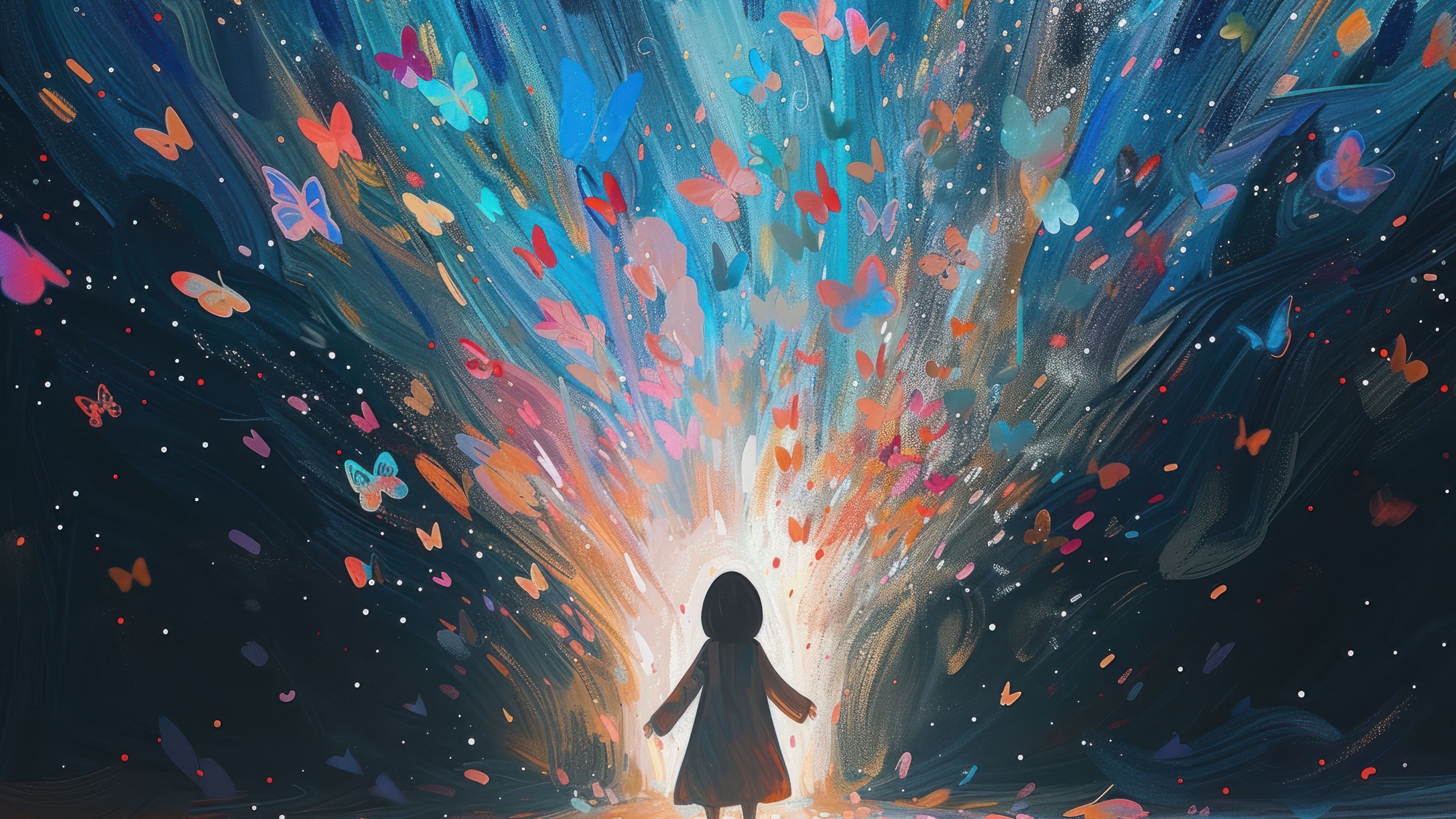 Little Girl Surrounded By Butterflies 4K Wallpaper