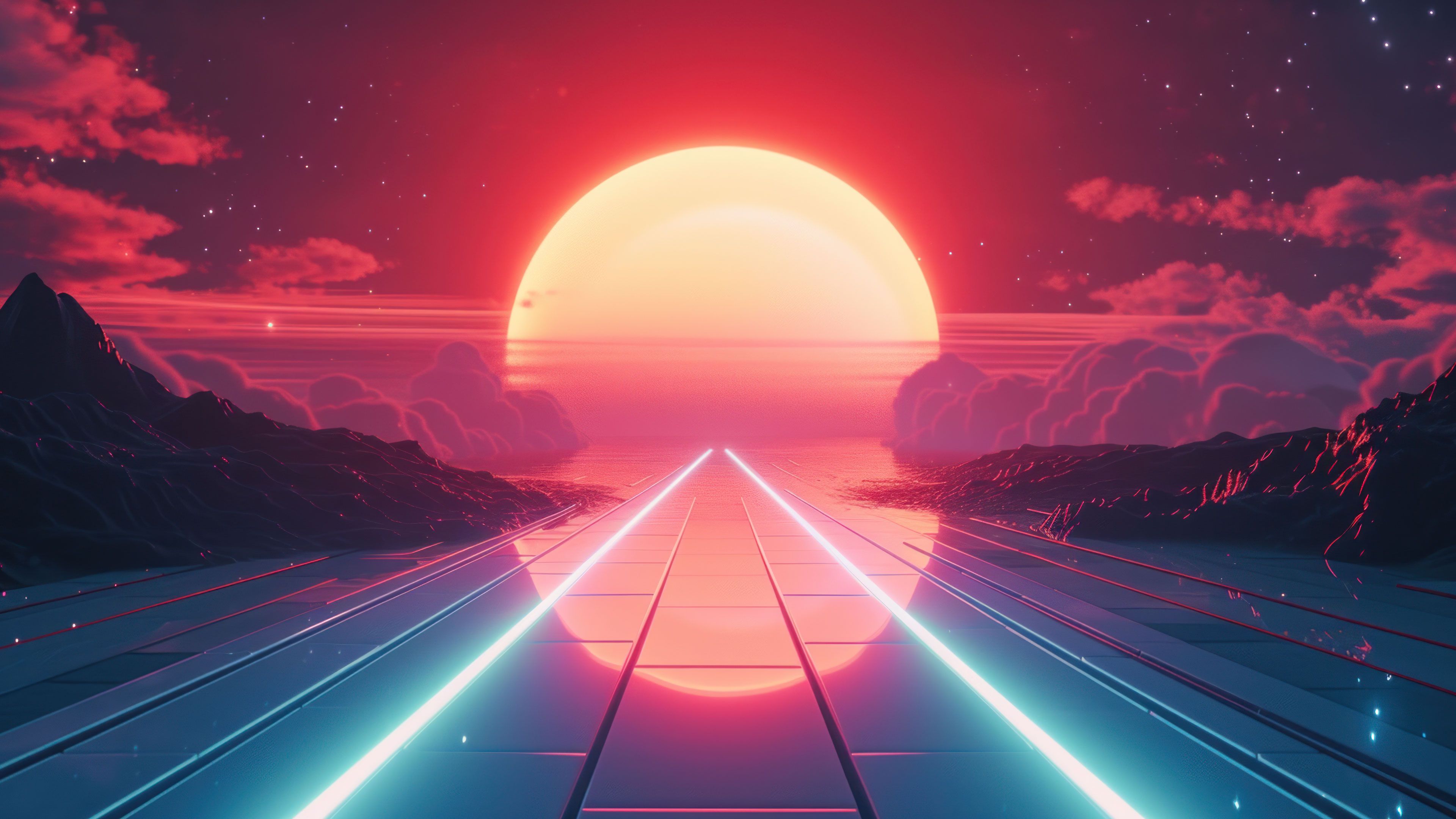 Retro Sunset Neon Street 4K Wallpaper