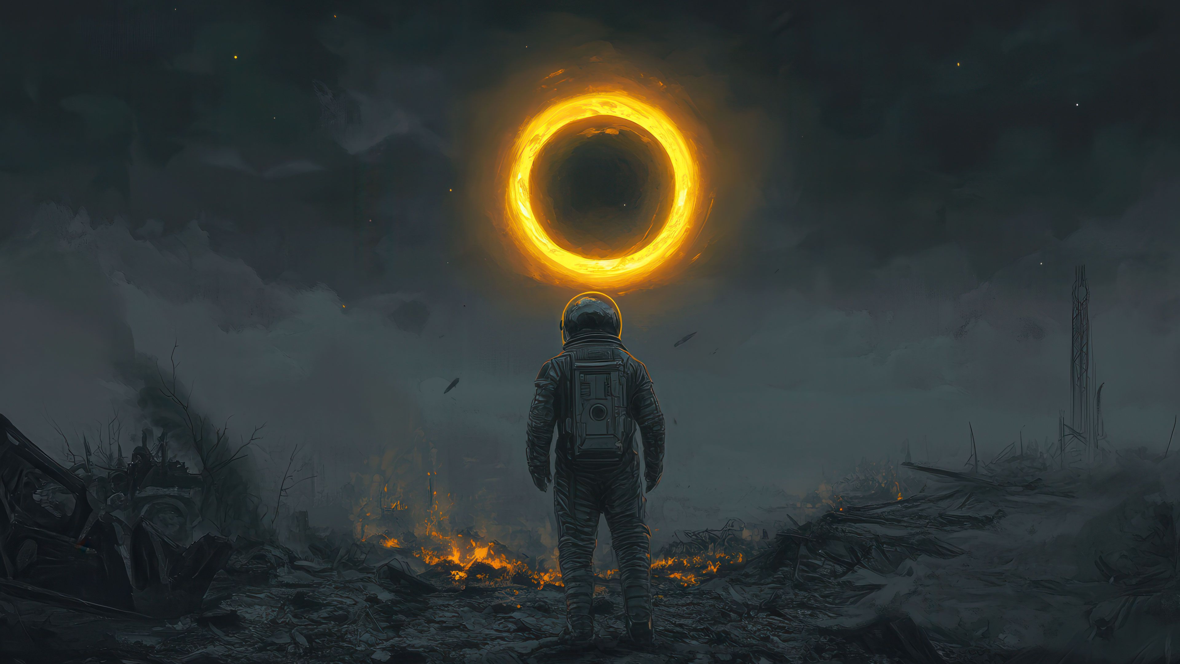 Space Explorer Under Fire Ring 4K Wallpaper