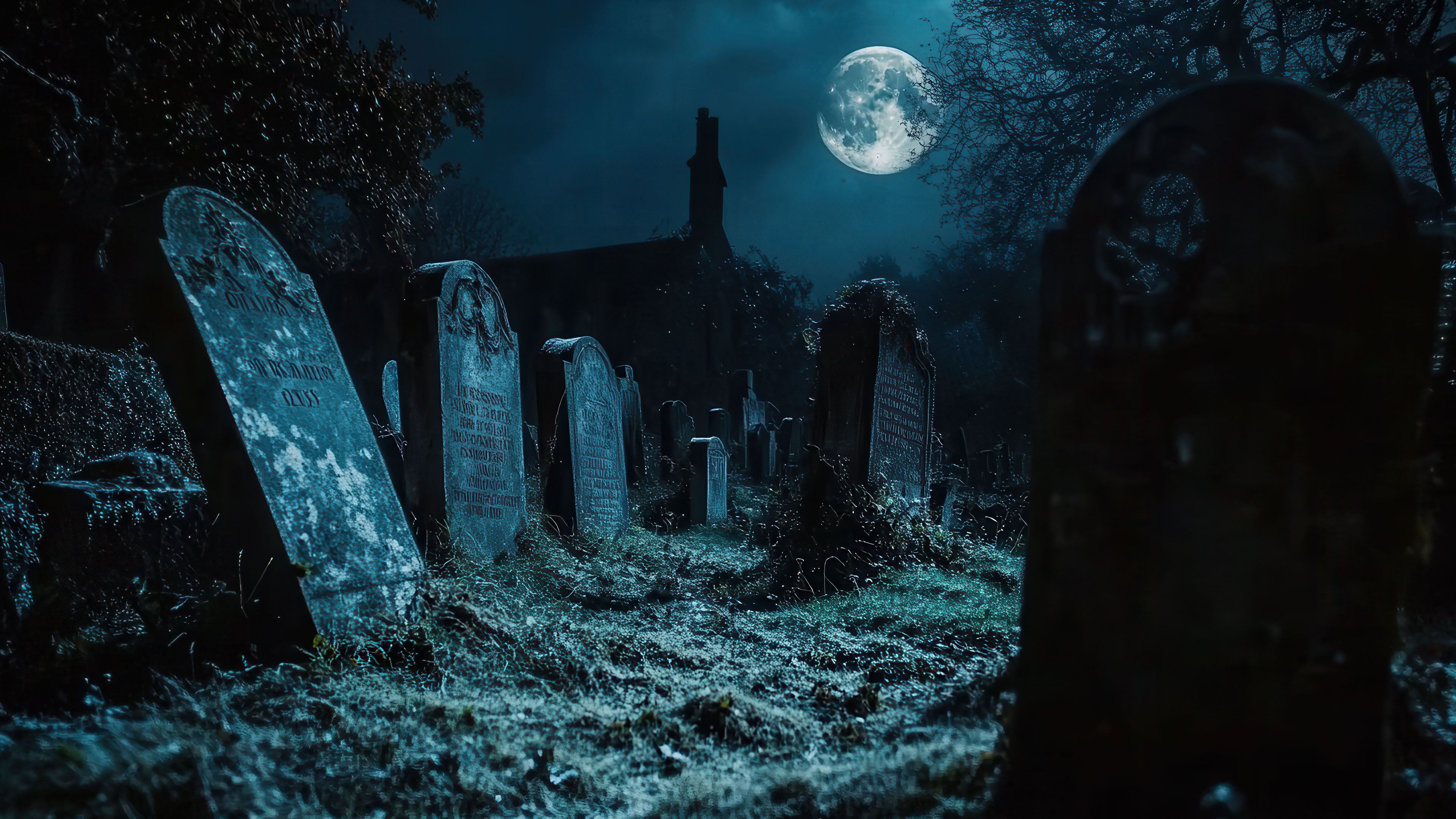 Haunted Graveyard in Moonlight 4K Wallpaper