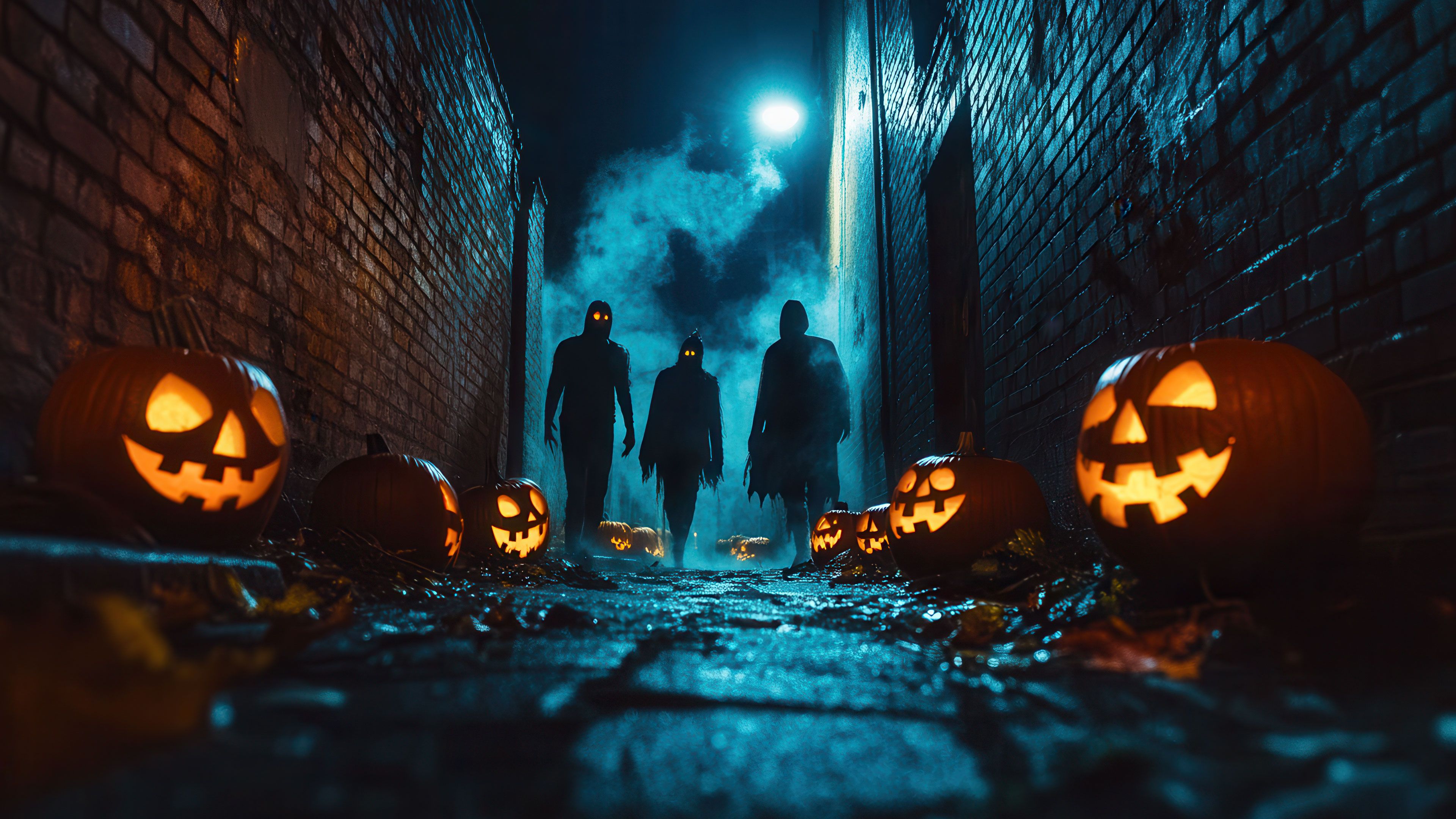 Dark Alley with Glowing Pumpkins 4K Wallpaper