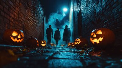 Dark Alley with Glowing Pumpkins 4K Wallpaper