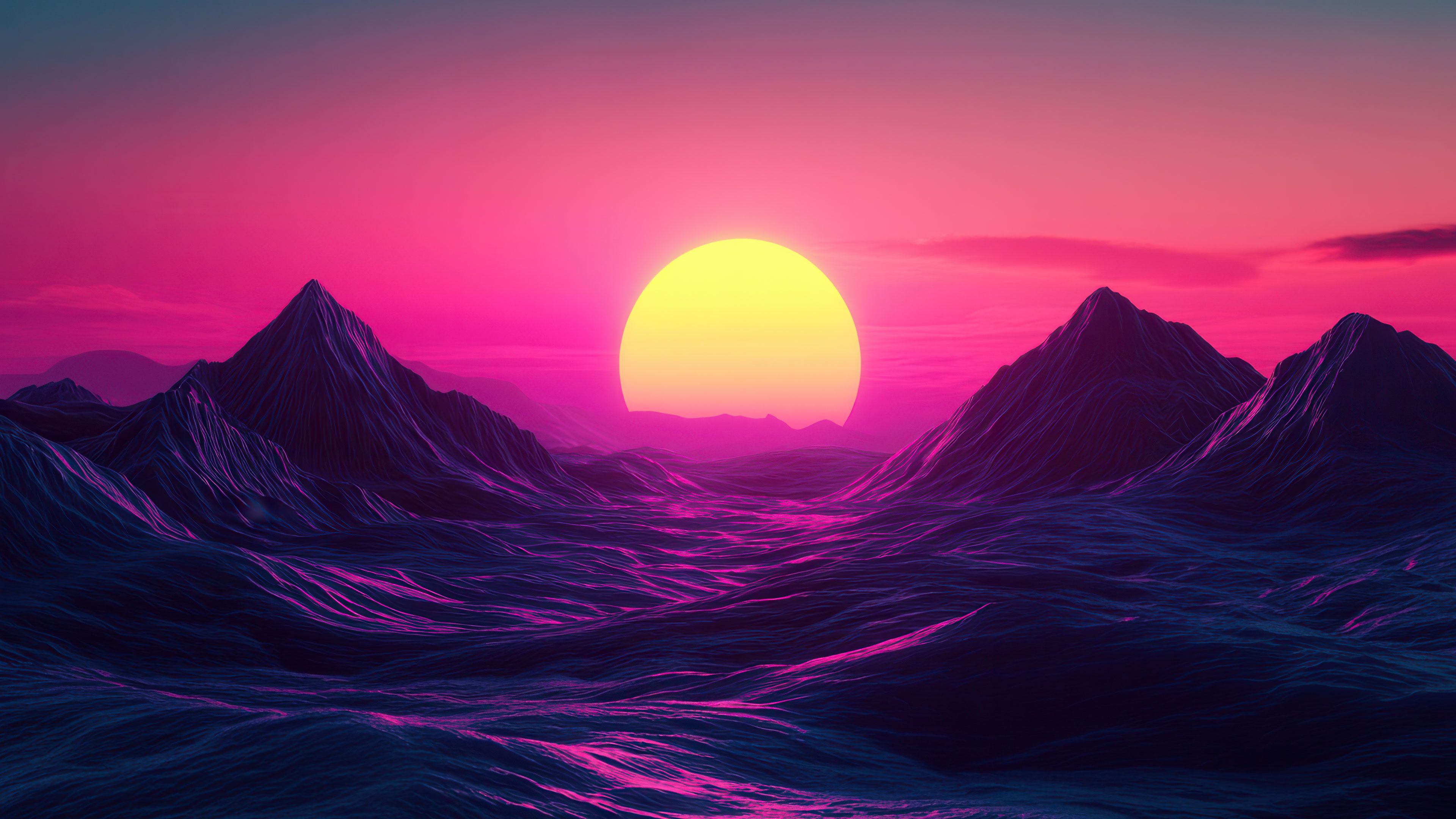 Vibrant Neon Mountains at Sunset 4K Wallpaper