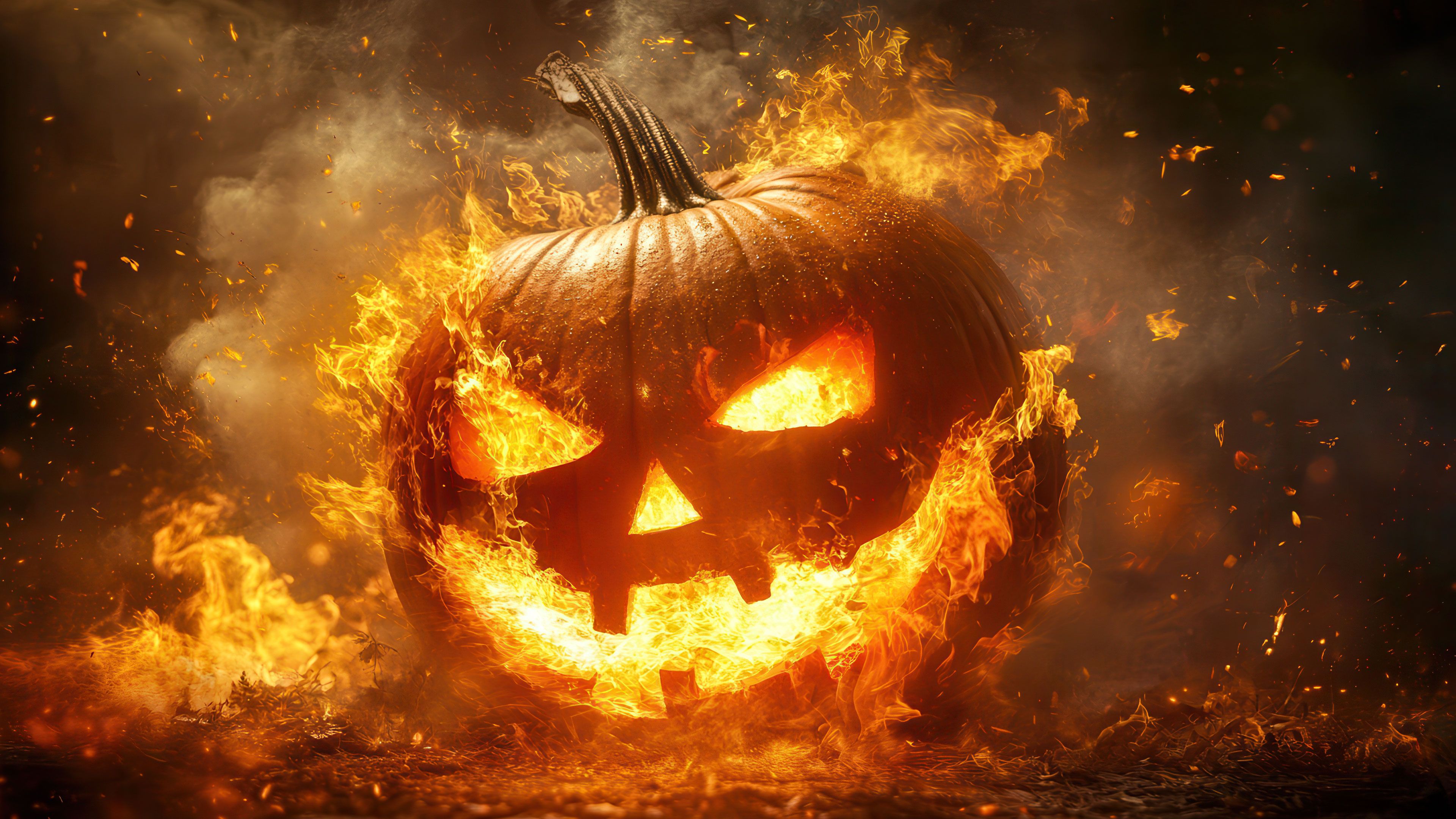 Eerie Pumpkin On Fire 4K Wallpaper
