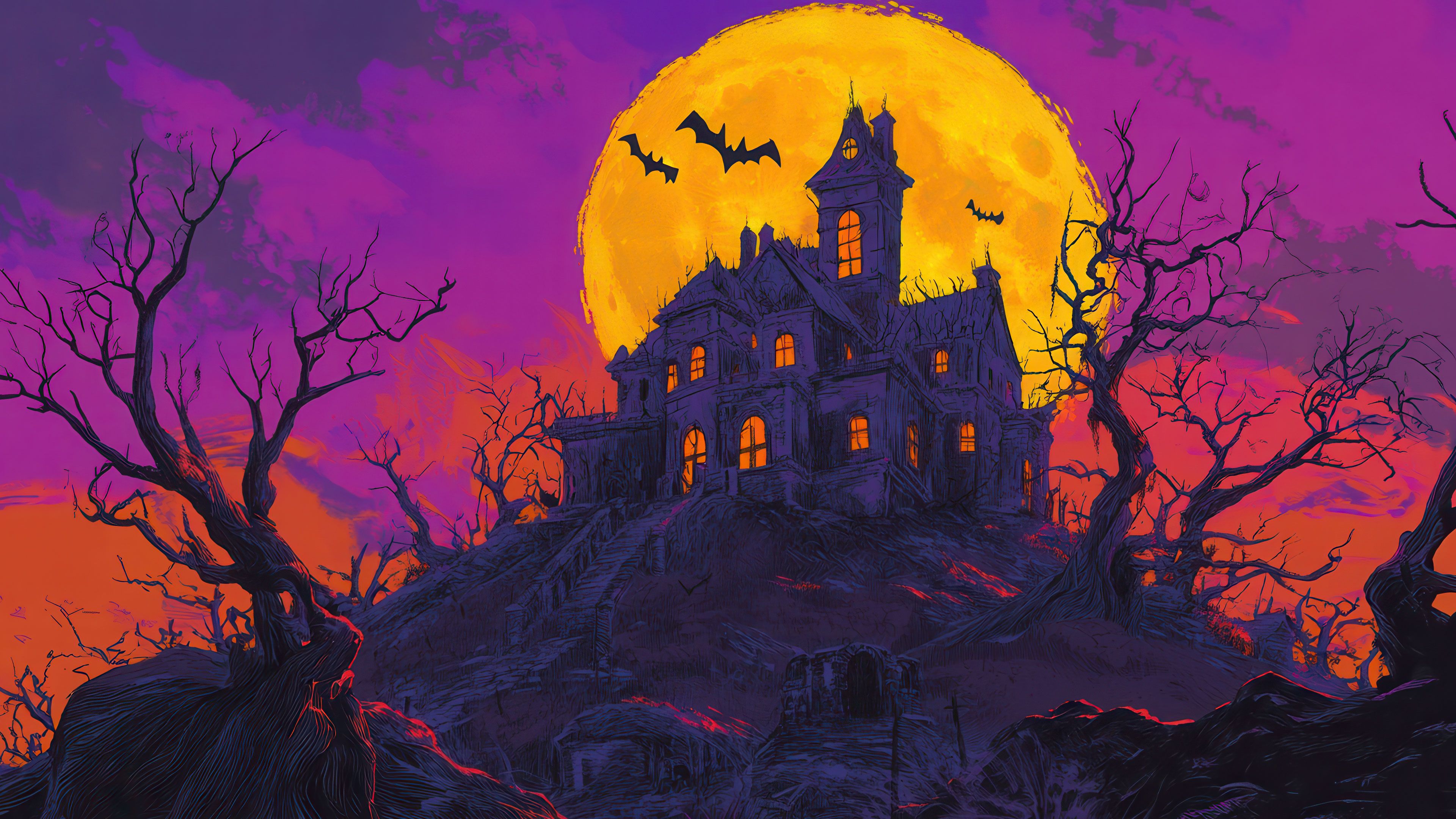 Spooky Mansion On The Hill 4K Wallpaper