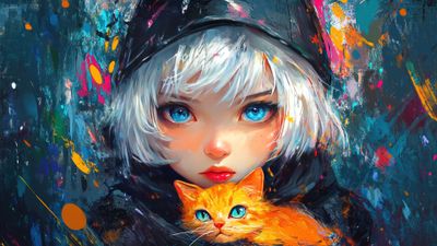 Girl Holding Cat Painting 4K Wallpaper