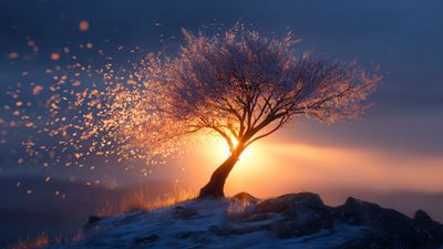 Fantasy tree with golden light particles
