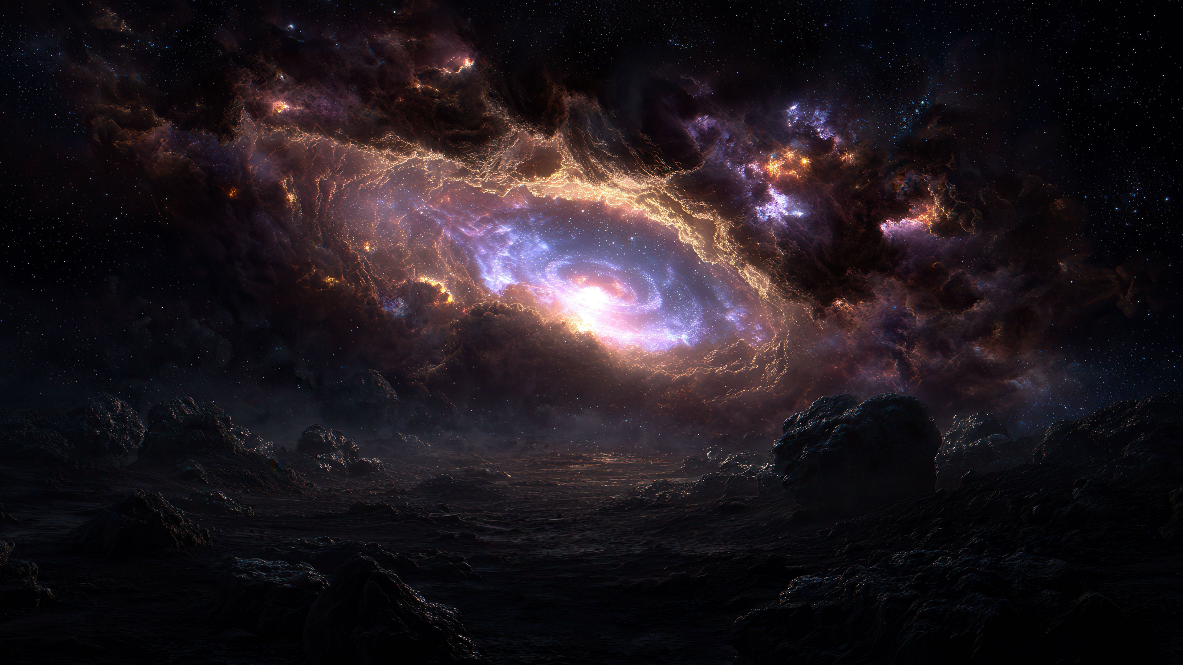 Vibrant Cosmic Nebula Above Dark Alien Landscape